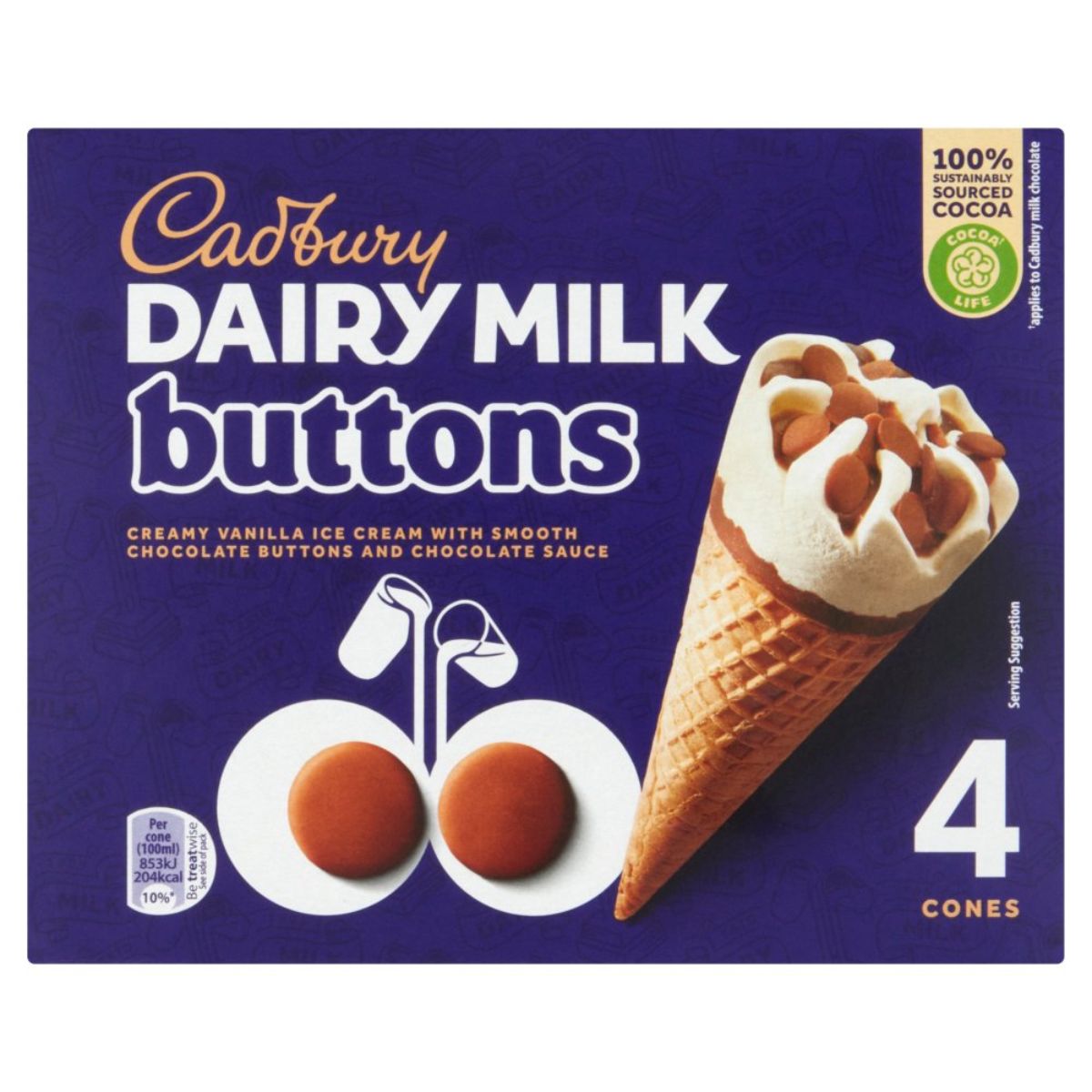 Cadbury - Dairy Milk Buttons 4 Cones - 400ml cones. Cadbury - Dairy Milk Buttons 4 Cones - 400ml cones.