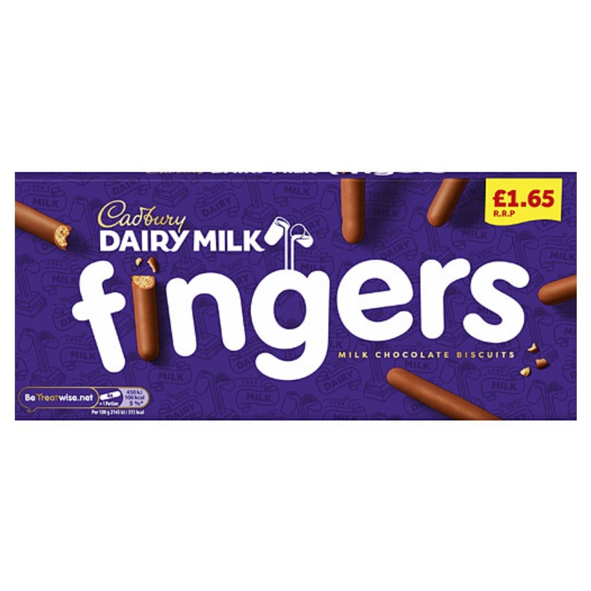 The packaging of Cadbury Dairy Milk Fingers - 114g beautifully showcases mouthwatering chocolate-covered biscuit sticks, each meticulously crafted from smooth milk chocolate, with a tempting price of £1.65 inviting you to indulge. The packaging of Cadbury Dairy Milk Fingers - 114g beautifully showcases mouthwatering chocolate-covered biscuit sticks, each meticulously crafted from smooth milk chocolate, with a tempting price of £1.65 inviting you to indulge.