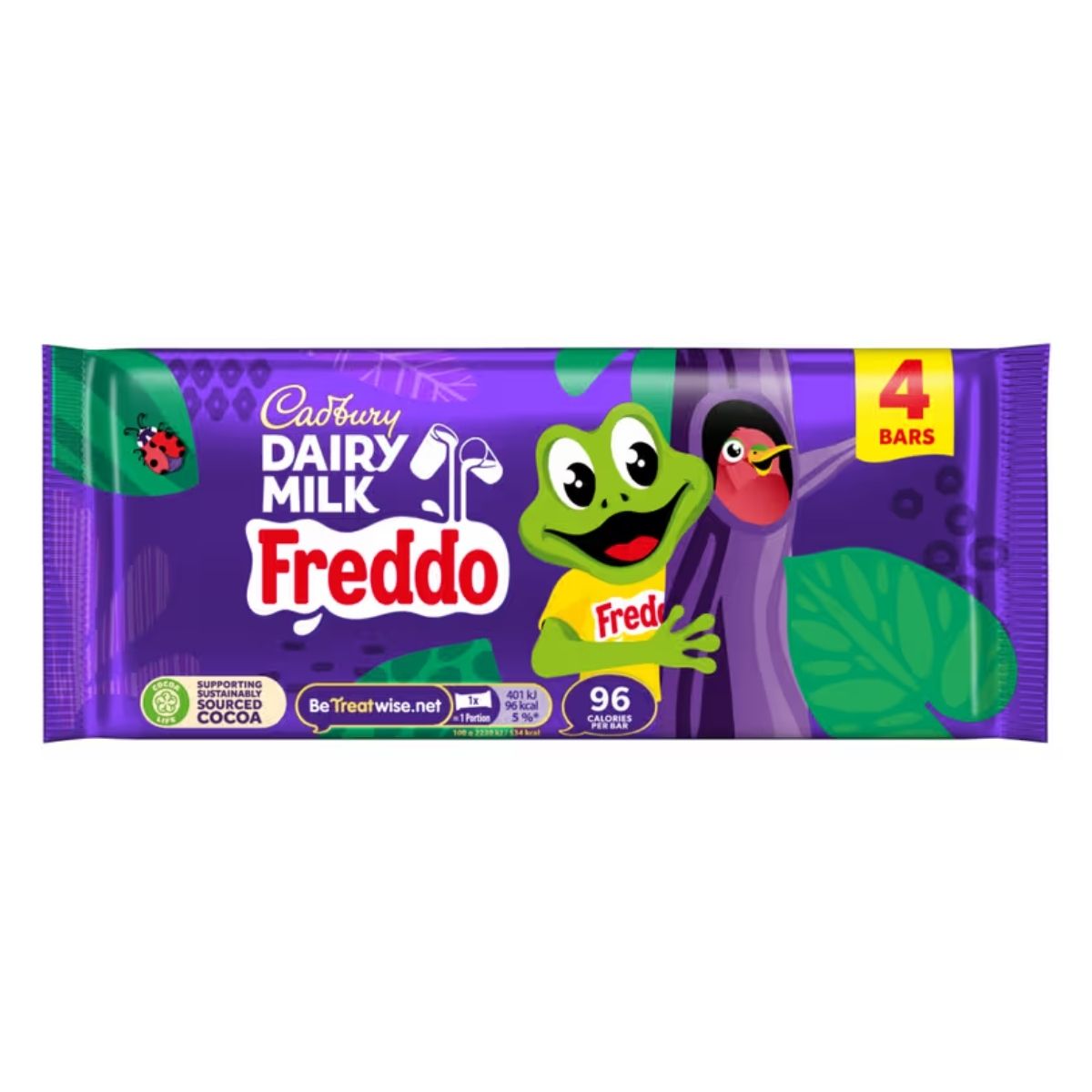 The Cadbury Dairy Milk Freddo 4 Bars (72g) pack features playful frog and bird cartoons, "4 bars" labeling, nutritional info, and showcases delicious chocolate bars on Cadbury's signature purple background. The Cadbury Dairy Milk Freddo 4 Bars (72g) pack features playful frog and bird cartoons, "4 bars" labeling, nutritional info, and showcases delicious chocolate bars on Cadbury's signature purple background.