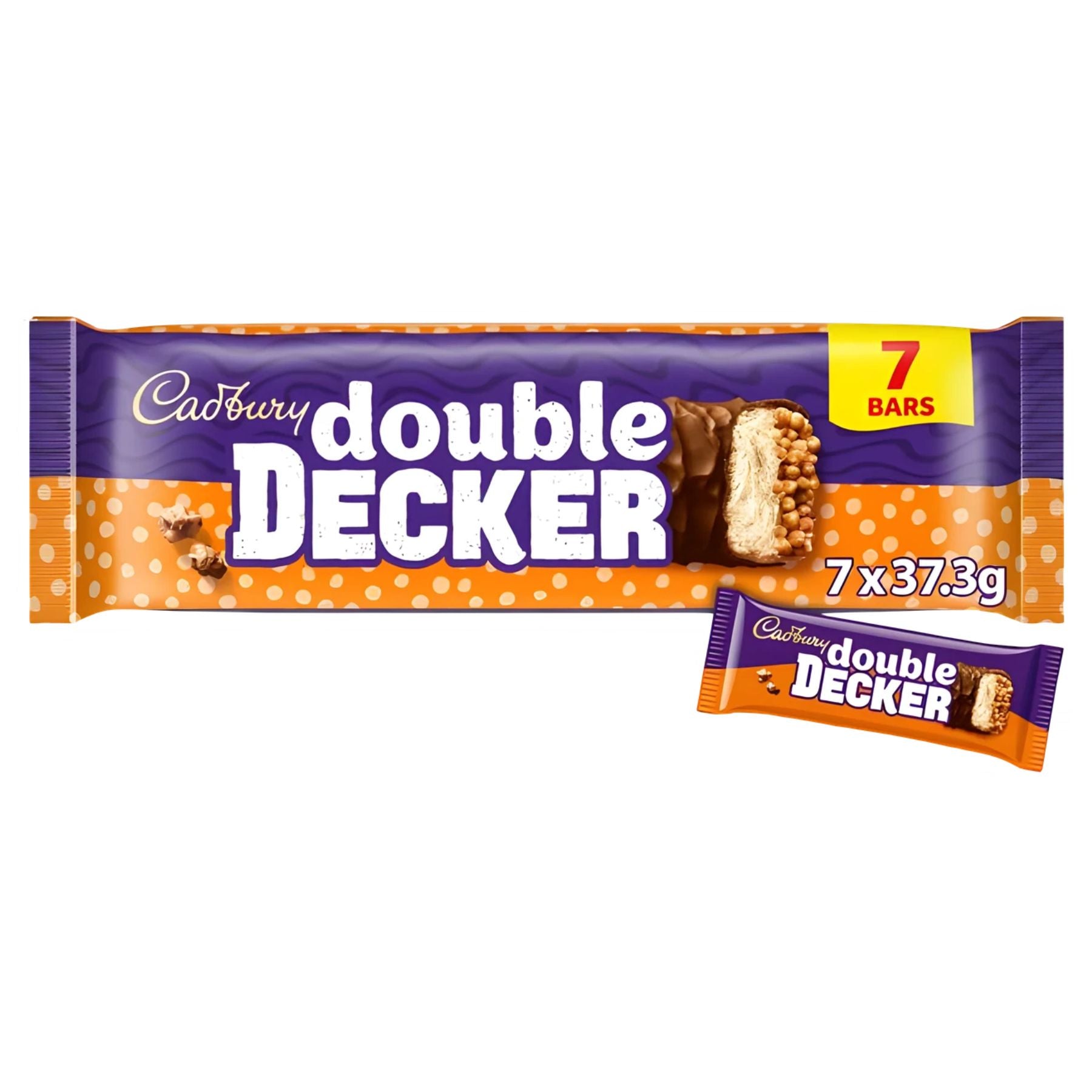 A pack of Cadbury Double Decker Chocolate Bar (7 x 37.3g), with one unwrapped bar showing layers of milk chocolate, nougat, and crunchy cereal pieces. A pack of Cadbury Double Decker Chocolate Bar (7 x 37.3g), with one unwrapped bar showing layers of milk chocolate, nougat, and crunchy cereal pieces.