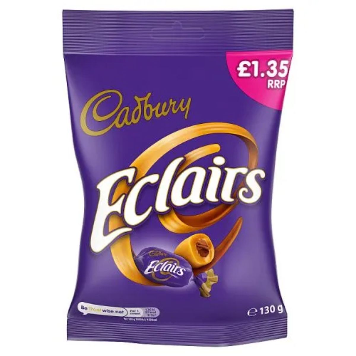 A Cadbury Eclairs Chocolate Bag priced at £1.35 PMP, weighing 130g, in a purple package. A Cadbury Eclairs Chocolate Bag priced at £1.35 PMP, weighing 130g, in a purple package.
