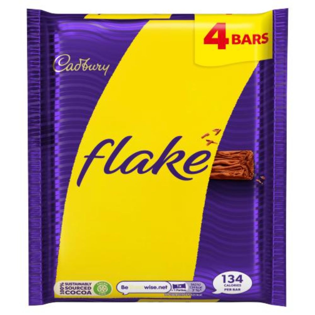 Packaging of Cadbury Flake 4 x 25.5g chocolate bars, displaying 4 bars with a prominent yellow and purple color scheme.