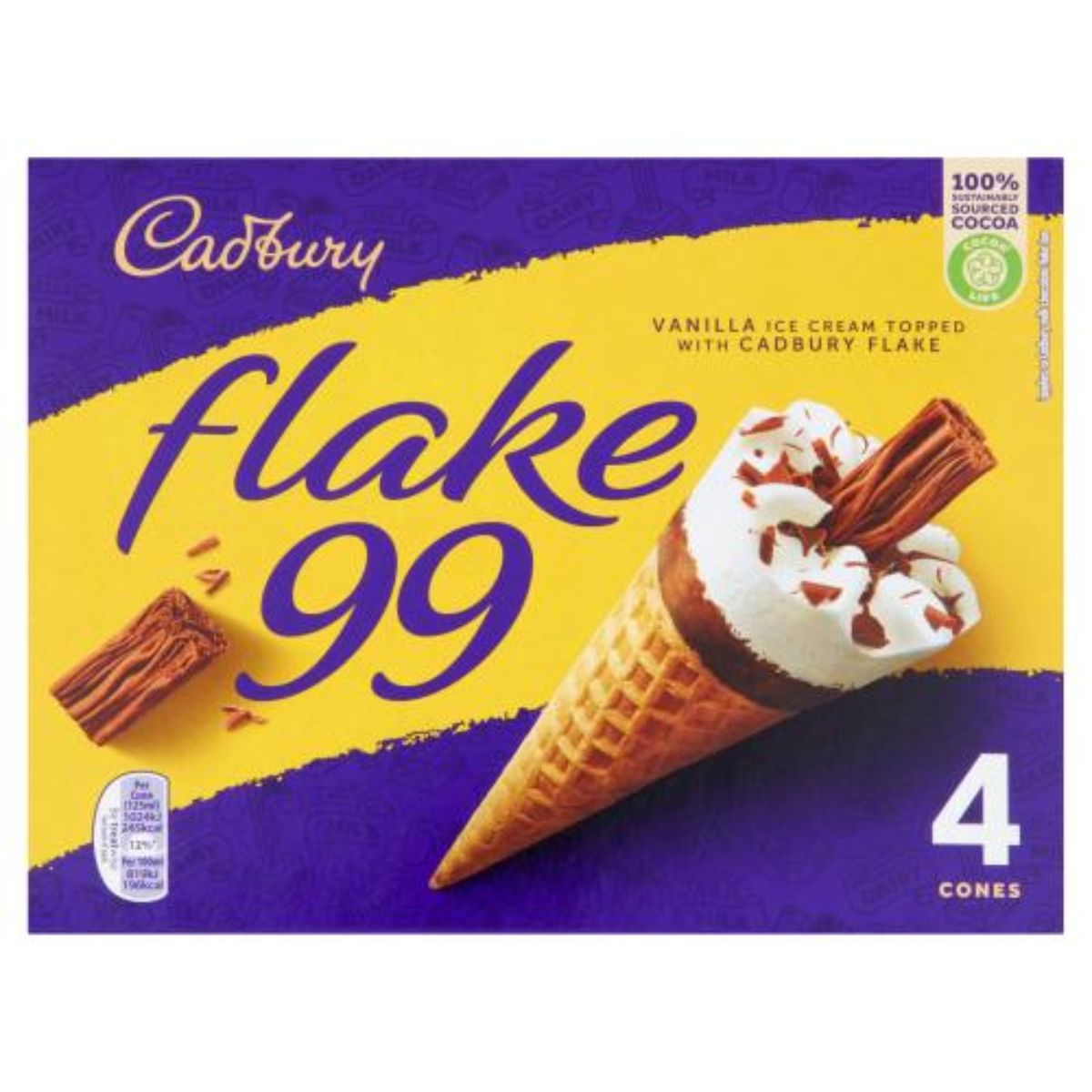 A box of Cadbury - Flake 99 Ice Cream Cones - 4 x 125ml. A box of Cadbury - Flake 99 Ice Cream Cones - 4 x 125ml.