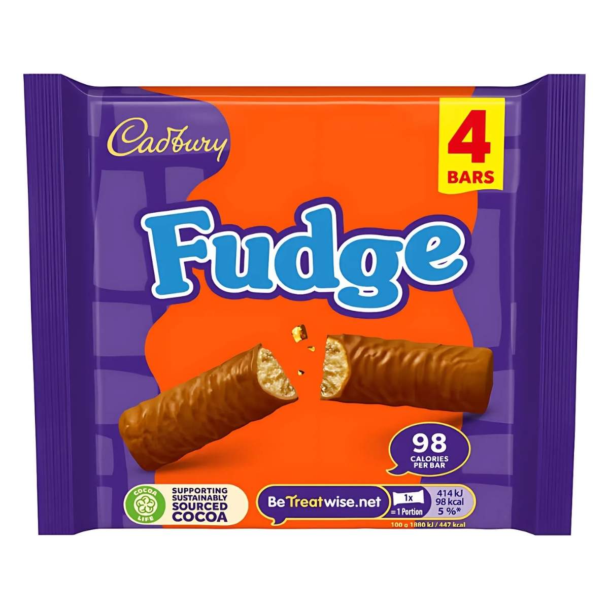 A 4-bar Cadbury Fudge pack (88g), with each creamy bar at 98 calories, displayed on an orange and purple background featuring a split bar in the center. A 4-bar Cadbury Fudge pack (88g), with each creamy bar at 98 calories, displayed on an orange and purple background featuring a split bar in the center.