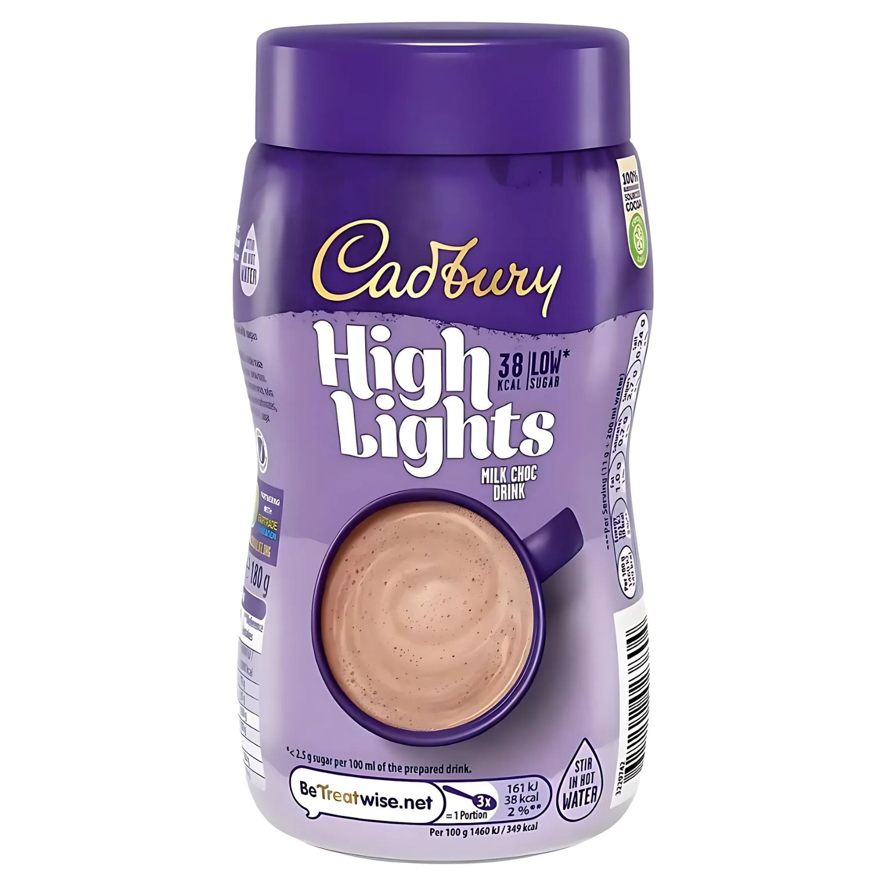 A 154g container of Cadbury High Lights Milk Choc Drink Mix with a purple lid and label, showing product details and an image of the hot chocolate drink prepared in a mug. A 154g container of Cadbury High Lights Milk Choc Drink Mix with a purple lid and label, showing product details and an image of the hot chocolate drink prepared in a mug.