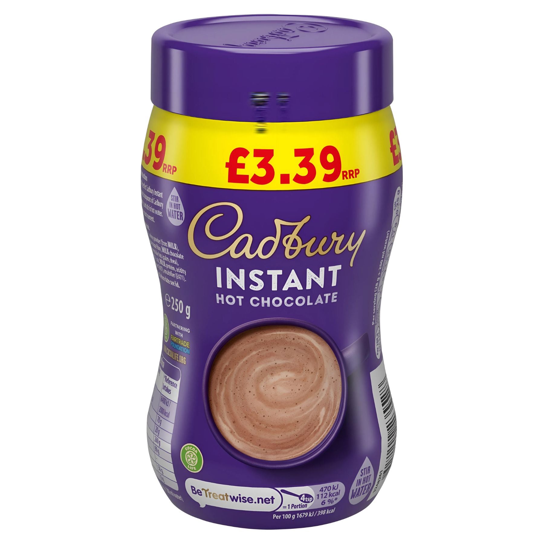 Cadbury - Instant Hot Chocolate - 250g comes in a purple and yellow container with a £3.39 price label and features an image of a creamy hot chocolate drink on the front. Cadbury - Instant Hot Chocolate - 250g comes in a purple and yellow container with a £3.39 price label and features an image of a creamy hot chocolate drink on the front.