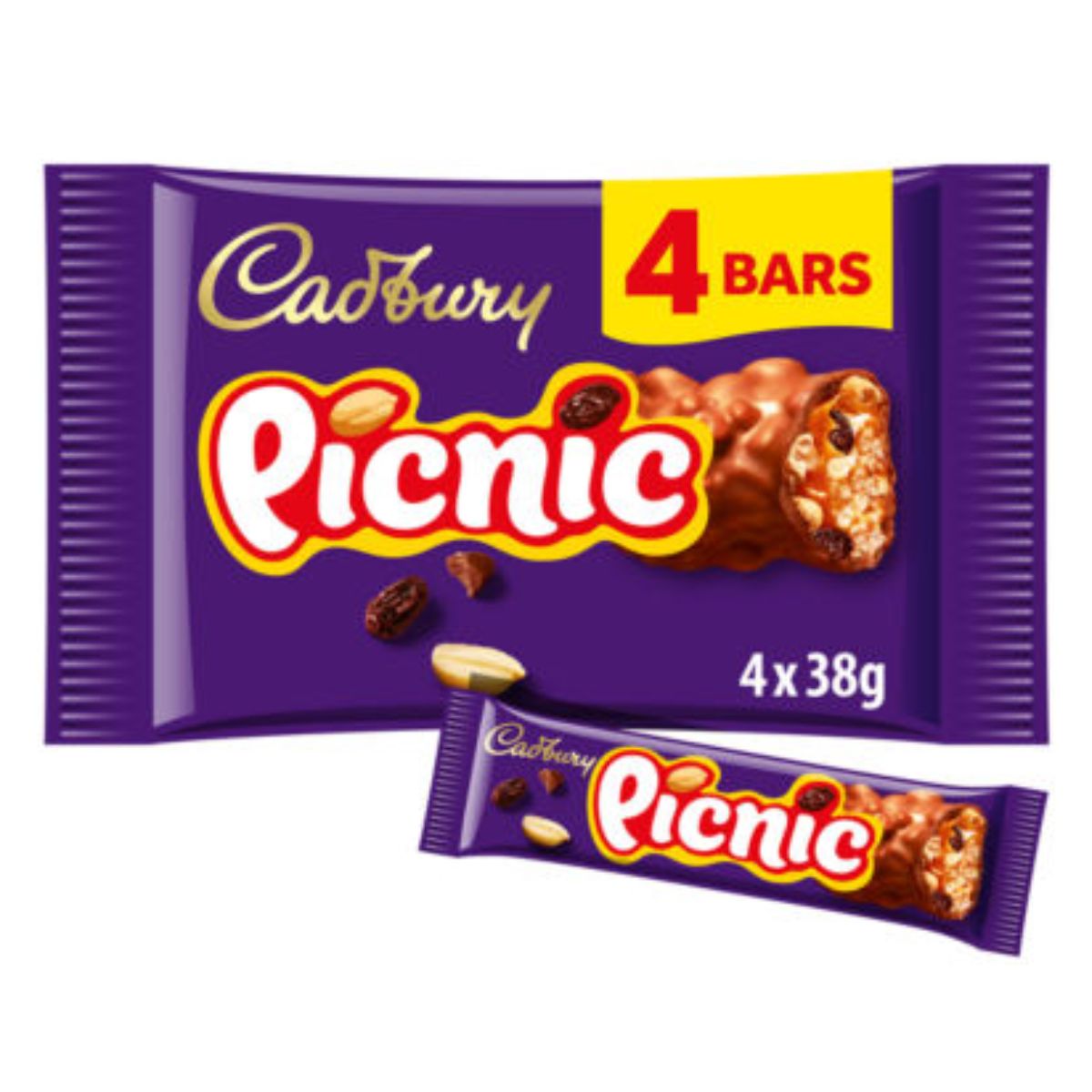 A package of Cadbury - Picnic Chocolate Bar - 4 x 38g with 4 individual bars displayed.