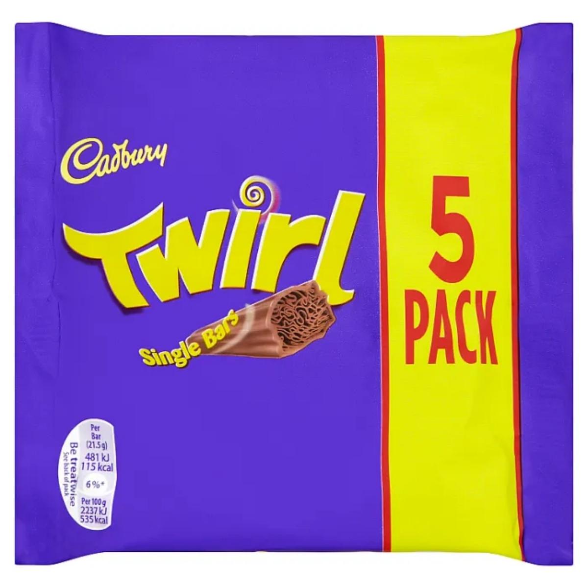 A Cadbury - Twirl Chocolate Bar 5 x 21.5 pack in purple and yellow packaging, featuring flaky milk chocolate bars with an image of the product and nutritional info on the front. A Cadbury - Twirl Chocolate Bar 5 x 21.5 pack in purple and yellow packaging, featuring flaky milk chocolate bars with an image of the product and nutritional info on the front.