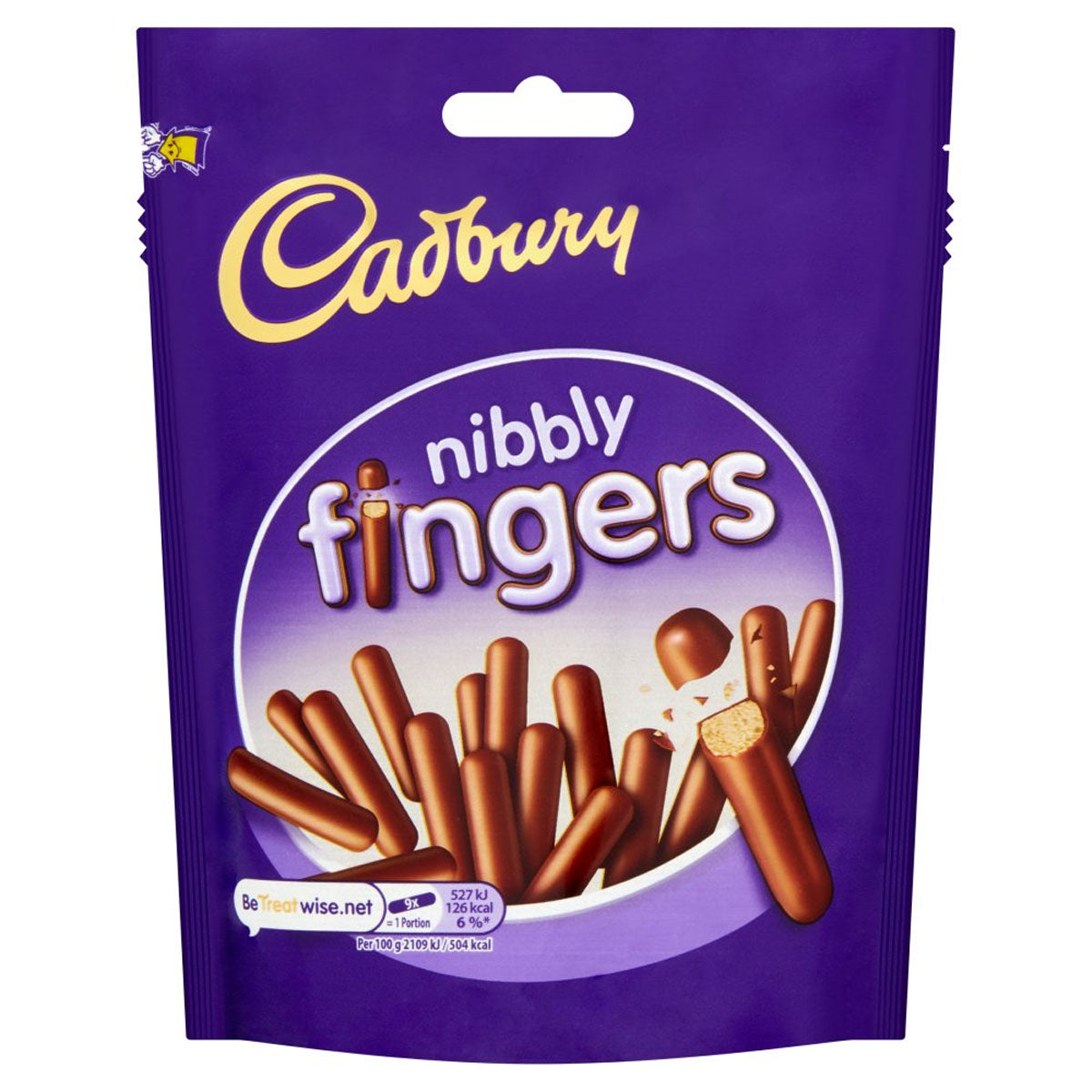 A bag of Cadbury - Nibbly Chocolate Mini Fingers Biscuits - 125g on a white background. A bag of Cadbury - Nibbly Chocolate Mini Fingers Biscuits - 125g on a white background.