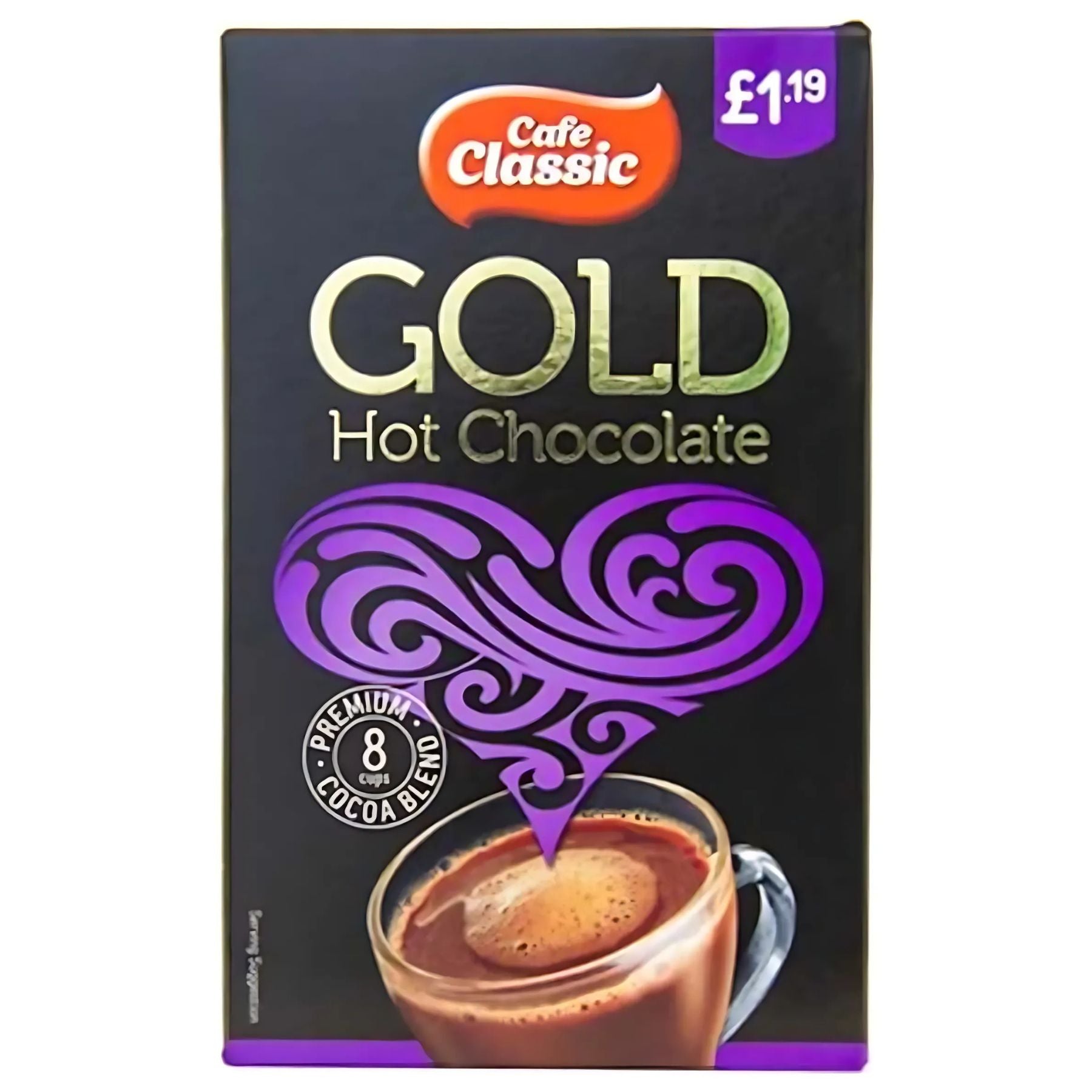 Box of Cafe Classic - Gold Hot Chocolate - 8 x 25g, with a purple heart, glass of cocoa, and label showing "8 cups premium cocoa blend" and £1.19. Includes convenient packets for easy hot chocolate enjoyment. Box of Cafe Classic - Gold Hot Chocolate - 8 x 25g, with a purple heart, glass of cocoa, and label showing "8 cups premium cocoa blend" and £1.19. Includes convenient packets for easy hot chocolate enjoyment.