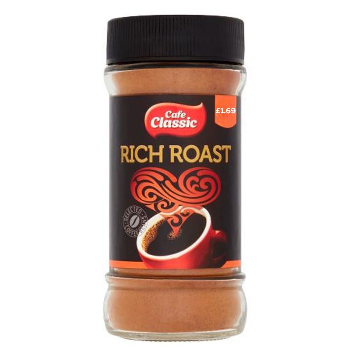 An 80g jar of Cafe Classic - Rich Roast instant coffee comes with a black lid and a label showing a steaming cup illustration plus an orange price sticker. An 80g jar of Cafe Classic - Rich Roast instant coffee comes with a black lid and a label showing a steaming cup illustration plus an orange price sticker.