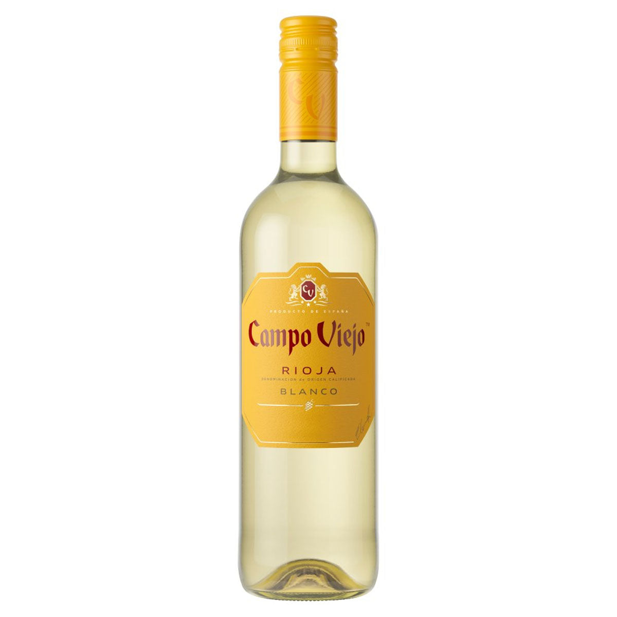 A bottle of Campo Viejo - Rioja Blanco White Wine (12.5% ABV) - 750ml on a white background. A bottle of Campo Viejo - Rioja Blanco White Wine (12.5% ABV) - 750ml on a white background.