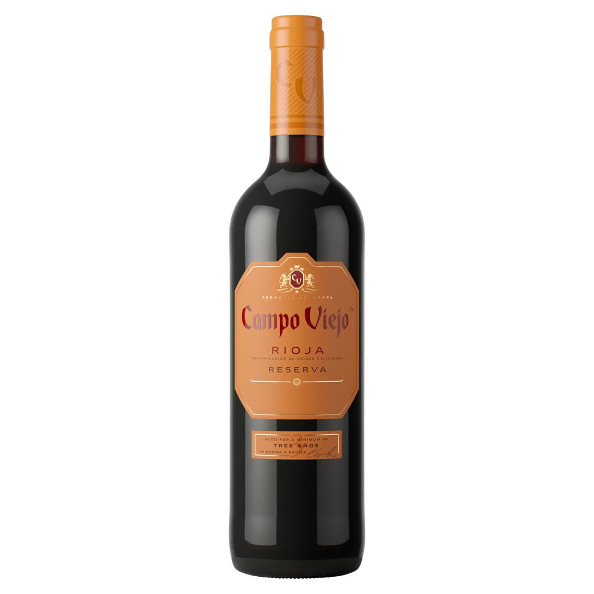 A bottle of Campo Viejo - Rioja Reserva Red Wine (13.5% ABV) - 750ml with an orange label. A bottle of Campo Viejo - Rioja Reserva Red Wine (13.5% ABV) - 750ml with an orange label.