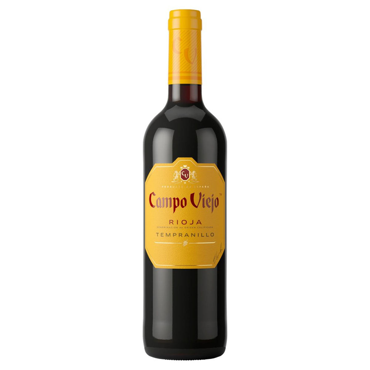 A bottle of Campo Viejo - Tempranillo (13.5% ABV) - 750ml with a yellow label.