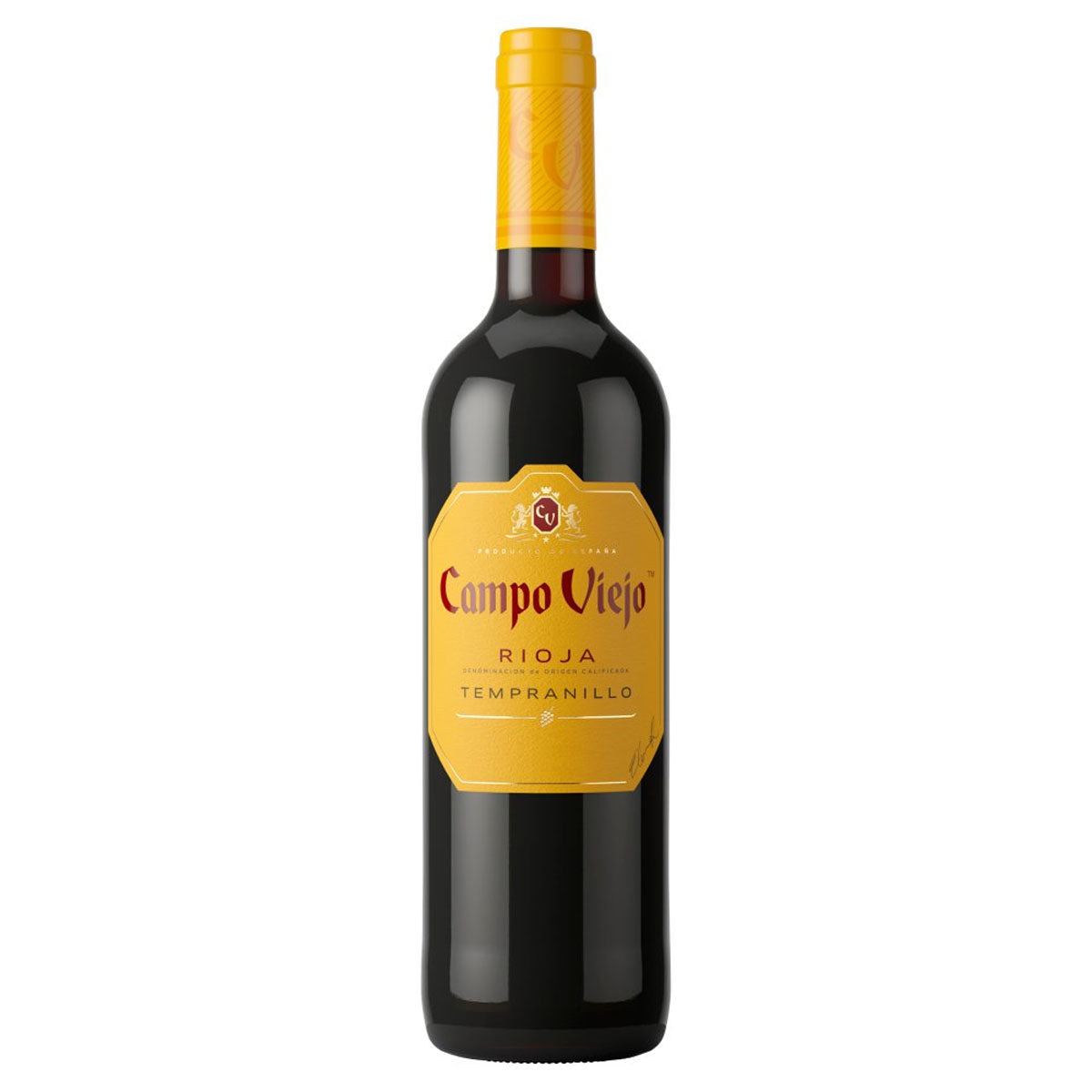 A bottle of Campo Viejo - Tempranillo (13.5% ABV) - 750ml with a yellow label. A bottle of Campo Viejo - Tempranillo (13.5% ABV) - 750ml with a yellow label.