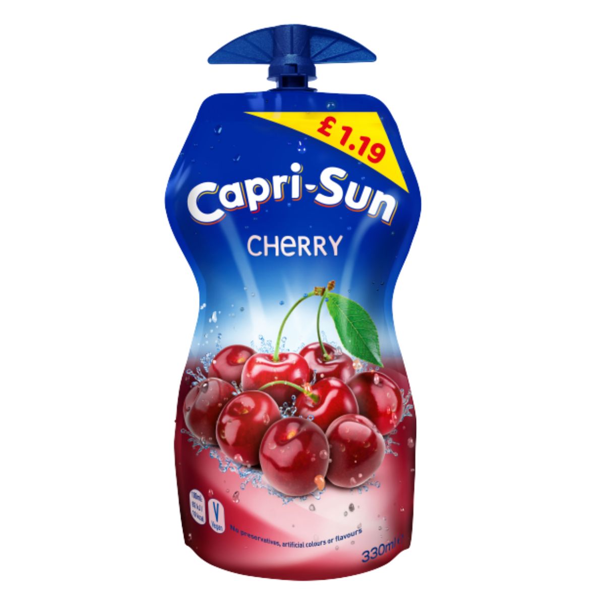A bottle of Capri Sun - Cherry Juice - 330ml with a price tag of £1.19, featuring an image of cherries and splashing water on the label.