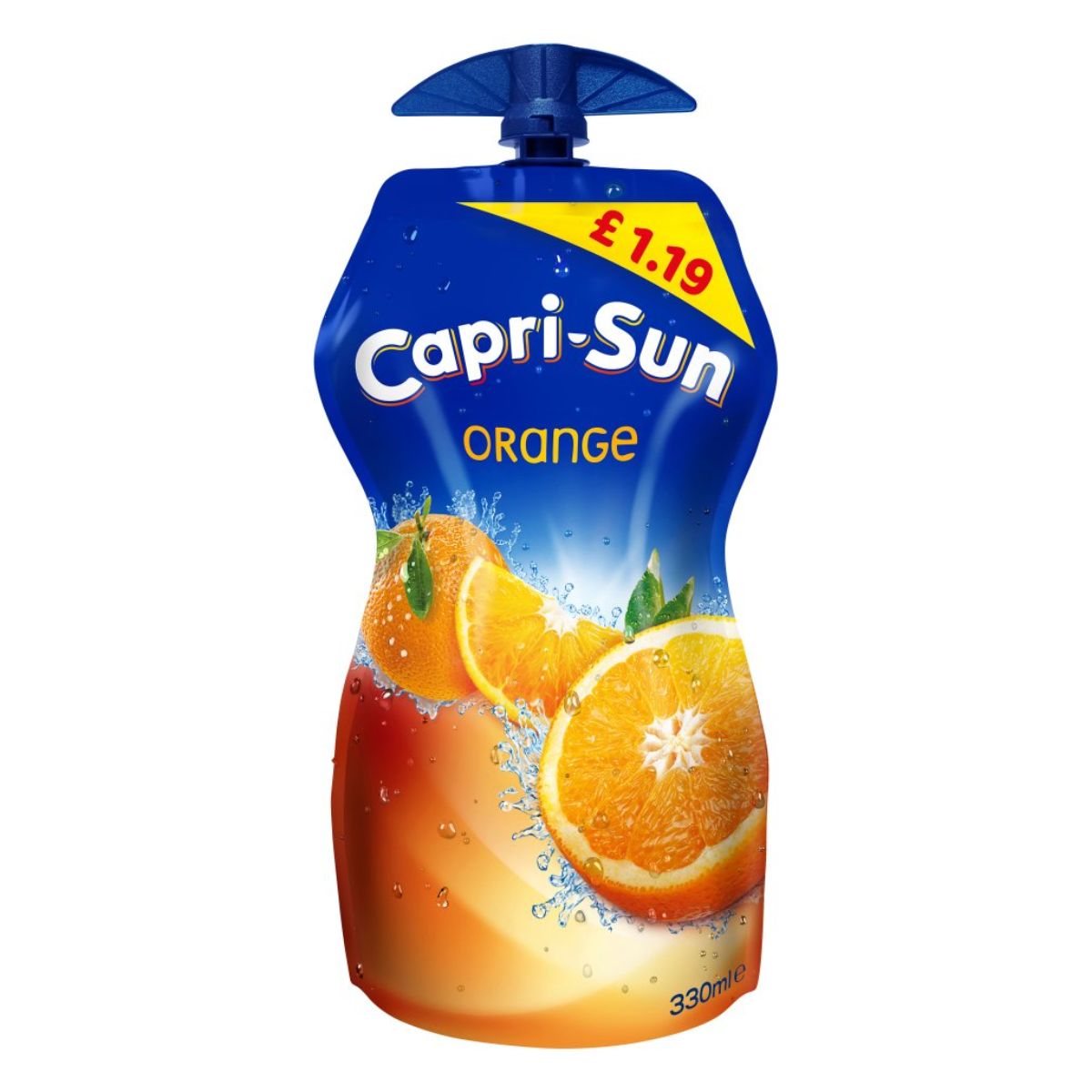 A bottle of Capri Sun - Orange - 330ml featuring a vibrant image of oranges with splashing juice, priced at £1.19, with a blue cap.