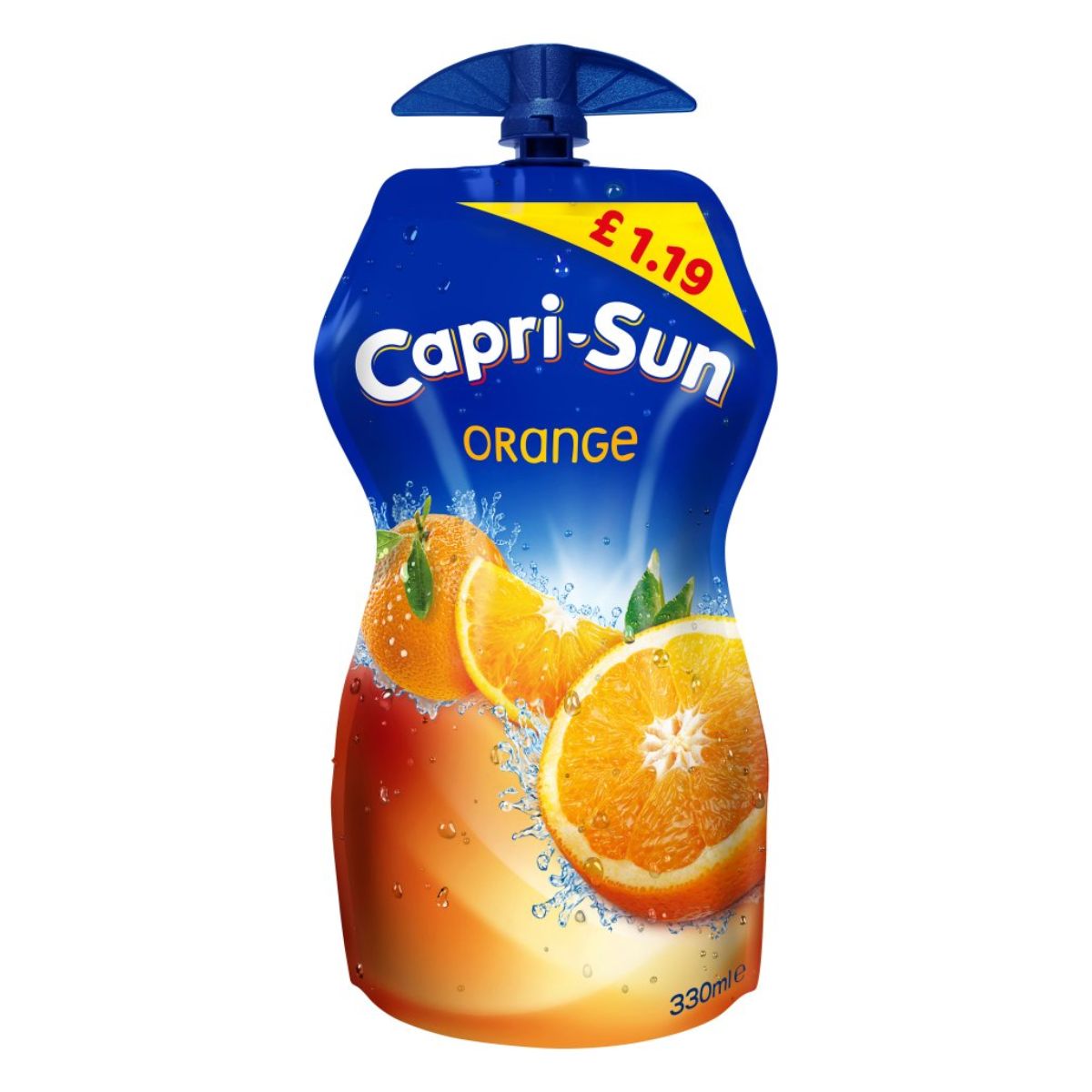 A bottle of Capri Sun - Orange - 330ml featuring a vibrant image of oranges with splashing juice, priced at £1.19, with a blue cap. A bottle of Capri Sun - Orange - 330ml featuring a vibrant image of oranges with splashing juice, priced at £1.19, with a blue cap.