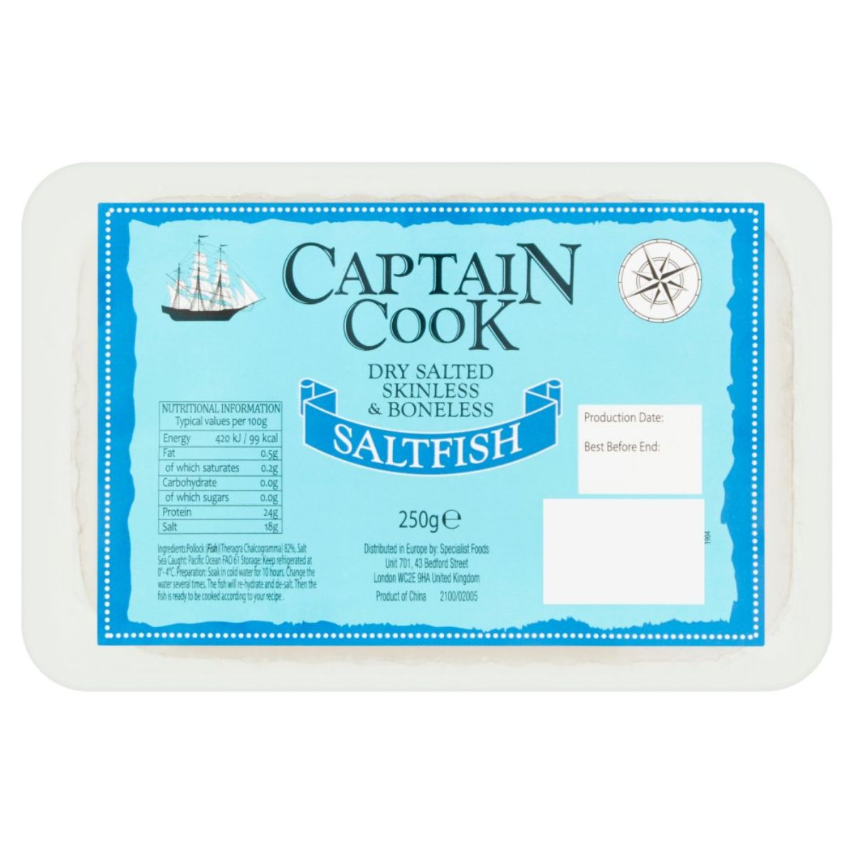 Captain Cook - Dry Salted Skinless & Boneless Salt Fish - 250g. Captain Cook - Dry Salted Skinless & Boneless Salt Fish - 250g.