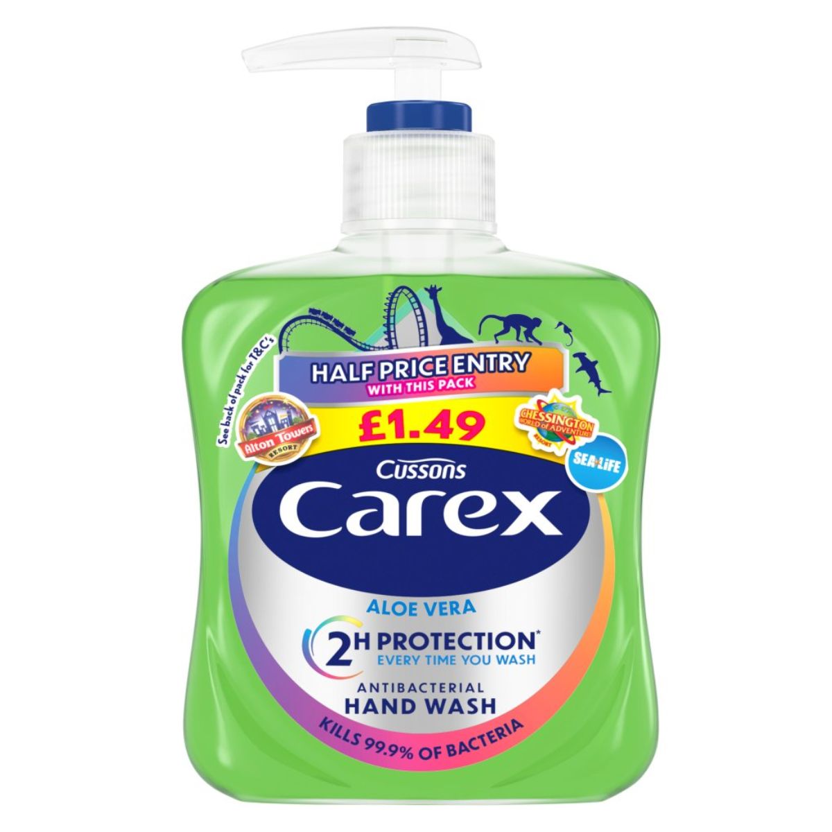 Bottle of Carex - Aloe Vera Antibacterial Hand Wash - 250ml showing pricing and half-price entry promotional offer for Sea Life. Bottle of Carex - Aloe Vera Antibacterial Hand Wash - 250ml showing pricing and half-price entry promotional offer for Sea Life.