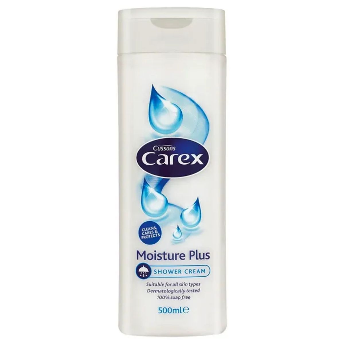 Carex - Moisture Plus Shower Cream - 500ml provides hydrating care for all skin types, featuring blue water droplet graphics and text to highlight its moisturizing benefits. Carex - Moisture Plus Shower Cream - 500ml provides hydrating care for all skin types, featuring blue water droplet graphics and text to highlight its moisturizing benefits.