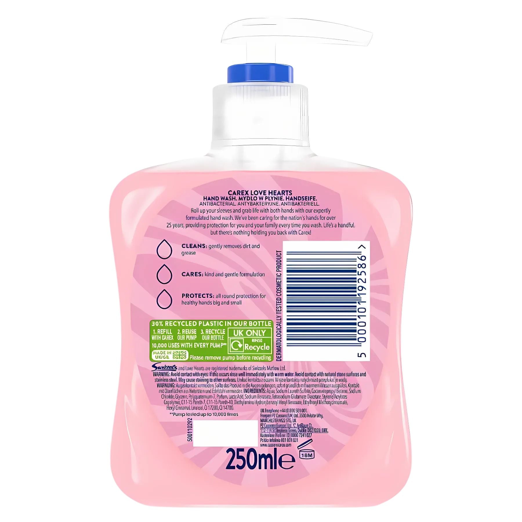 Back of a 250ml Carex - Love Hearts Antibacterial Hand Wash with pump shows product info, barcode, recycling details, and highlights antibacterial germ protection. Back of a 250ml Carex - Love Hearts Antibacterial Hand Wash with pump shows product info, barcode, recycling details, and highlights antibacterial germ protection.