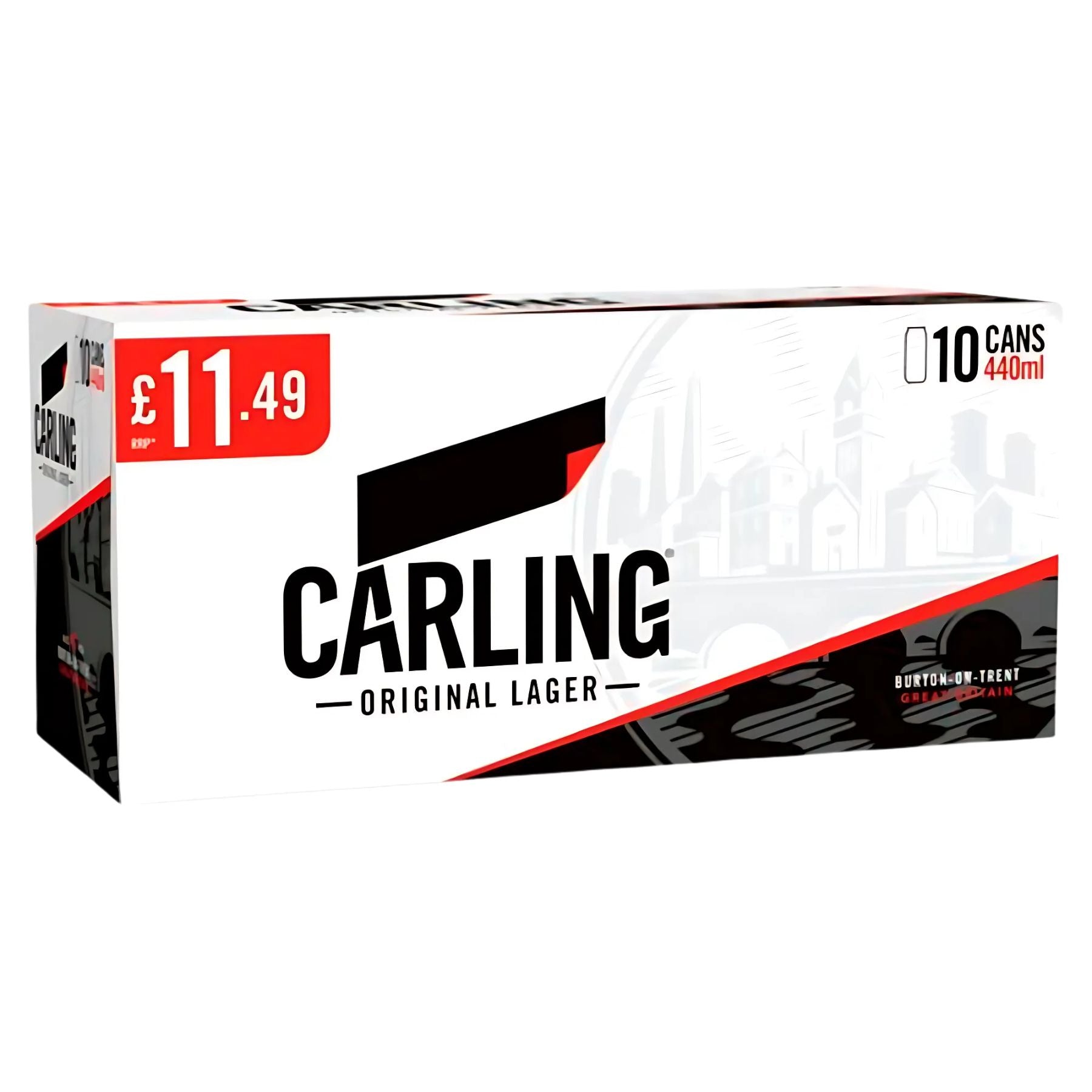 A 10-pack of Carling Lager Cans (4% ABV, 10 x 440ml), each clearly labelled with the £11.49 price. A 10-pack of Carling Lager Cans (4% ABV, 10 x 440ml), each clearly labelled with the £11.49 price.