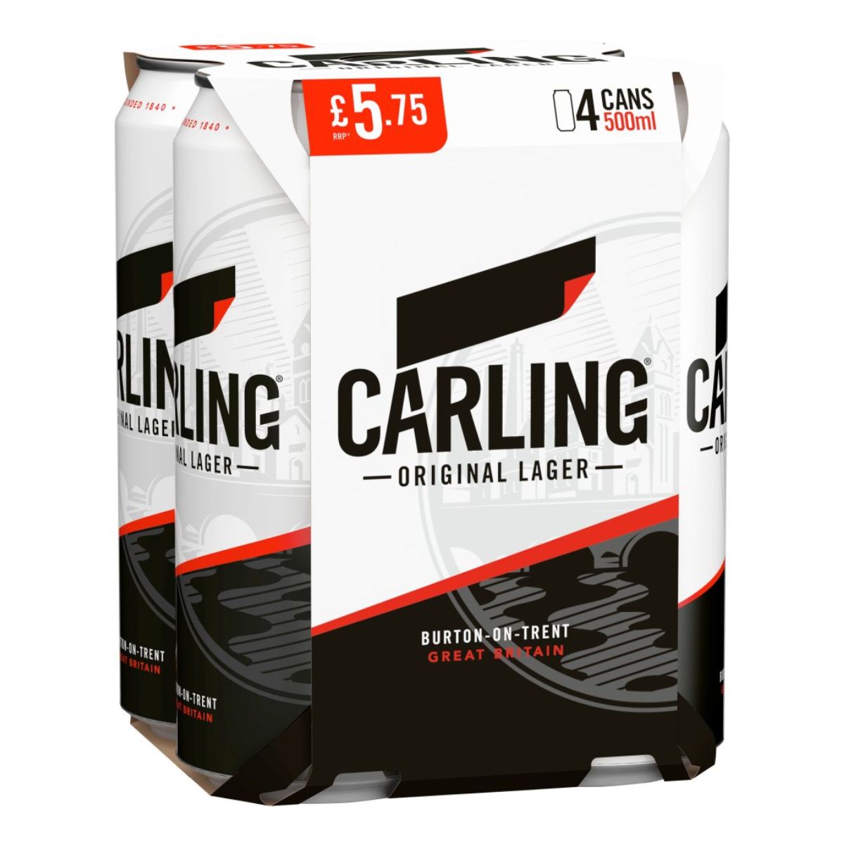 Four cans of Carling - Original Lager (4% ABV)- 4 x 500ml beer on a white background.