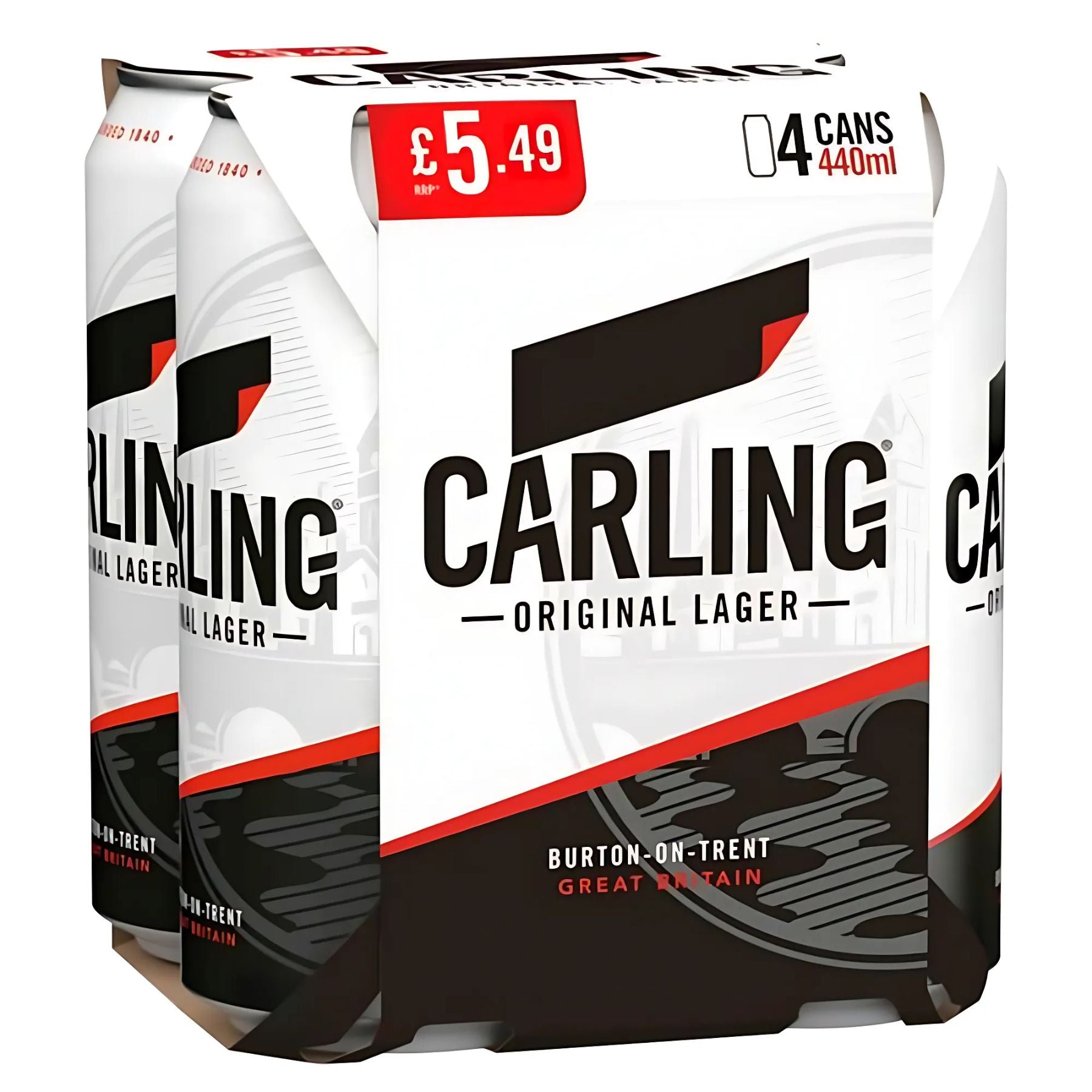 Carling - Original Lager (4% ABV), 4 x 440ml cans, with a red £5.49 price label on the pack. Enjoy this crisp, refreshing lager—perfect for any occasion. Carling - Original Lager (4% ABV), 4 x 440ml cans, with a red £5.49 price label on the pack. Enjoy this crisp, refreshing lager—perfect for any occasion.