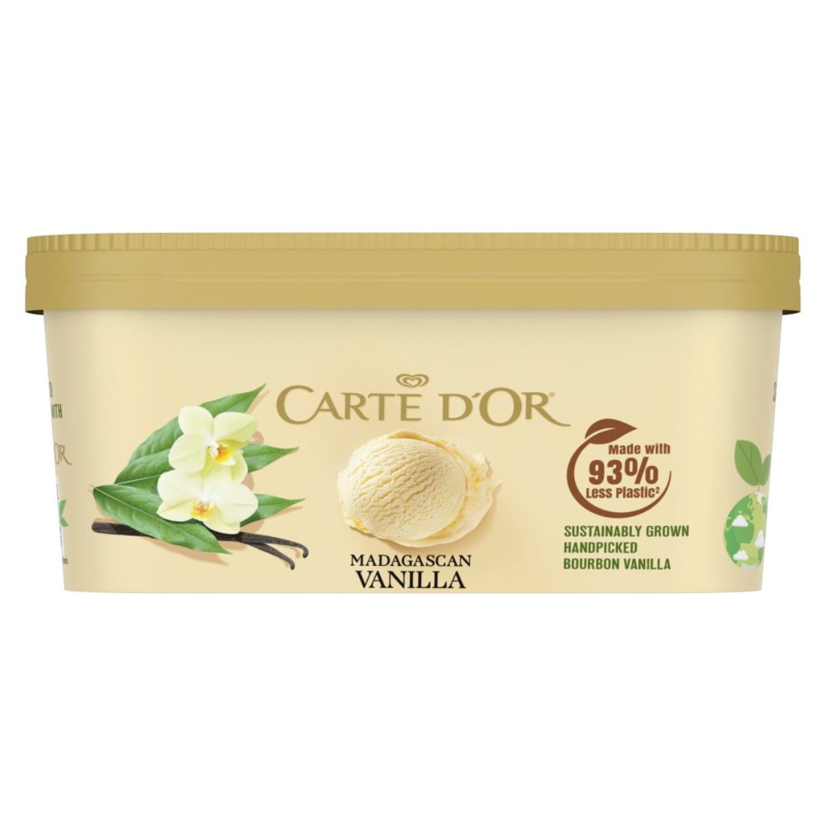 A Carte Dor Madagascan vanilla ice cream tub with an image of a scoop and vanilla flowers, highlighting that it's made with sustainably grown bourbon vanilla.