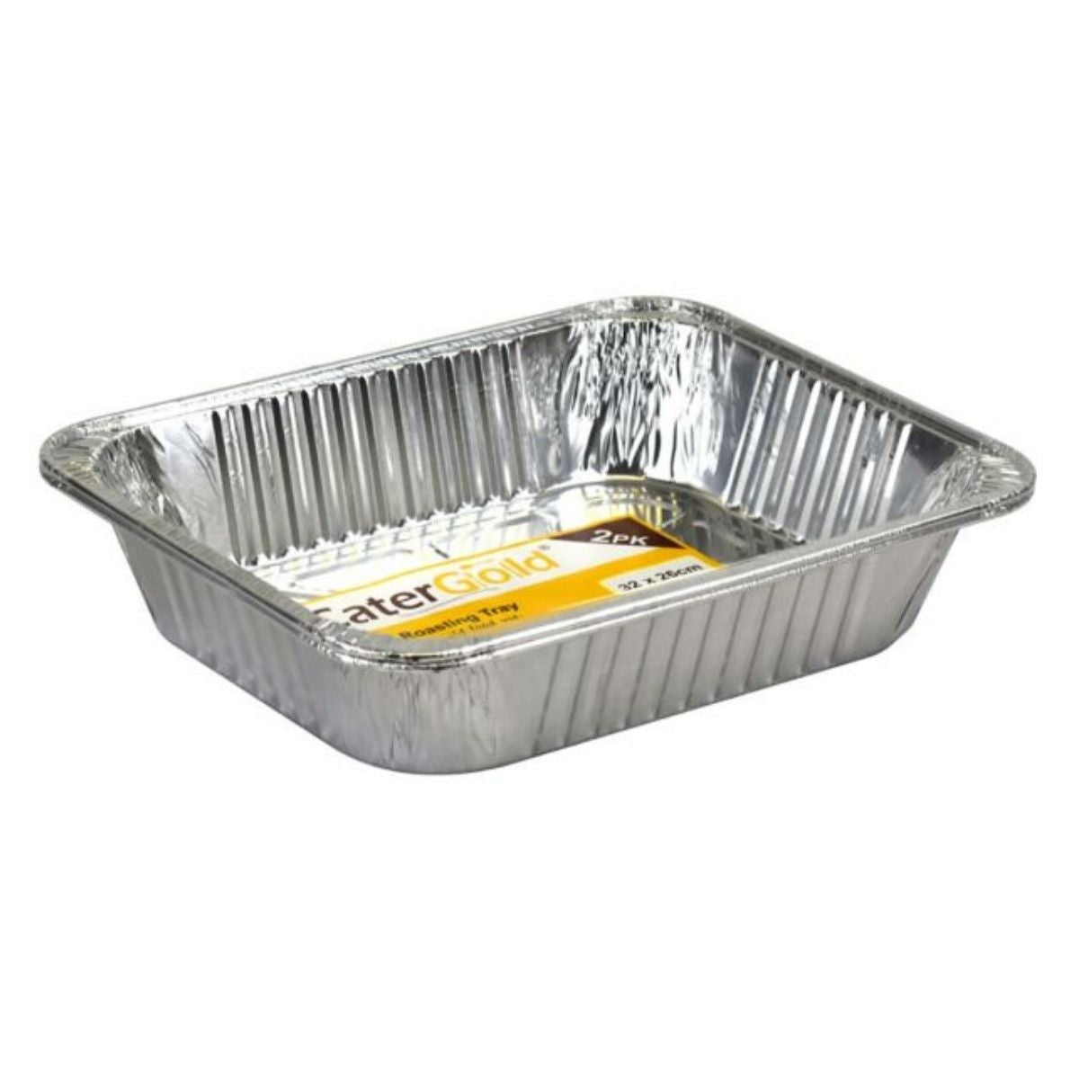 The rectangular aluminum tray, with ribbed sides and an inner label, showcases it's a Cater Gold Foil Roasting Tray. It's perfect for enhancing your roasting needs. The rectangular aluminum tray, with ribbed sides and an inner label, showcases it's a Cater Gold Foil Roasting Tray. It's perfect for enhancing your roasting needs.