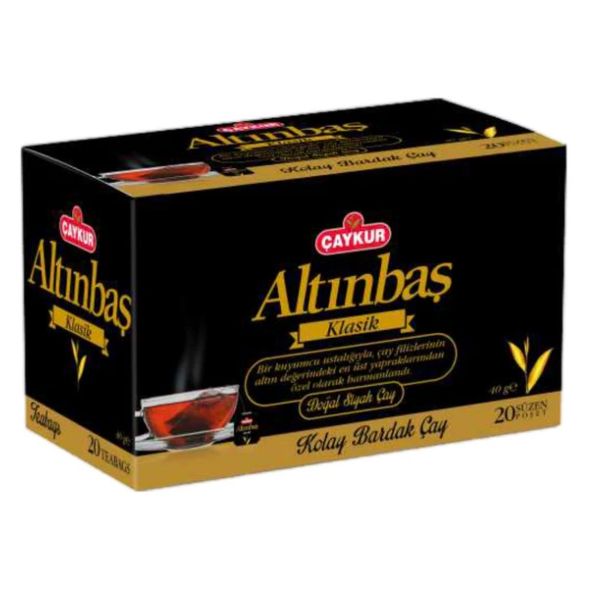 Caykur Altinbas Classic Black Tea 20 Teabags (40g) in black and gold packaging with Turkish text and tea glass images. Caykur Altinbas Classic Black Tea 20 Teabags (40g) in black and gold packaging with Turkish text and tea glass images.