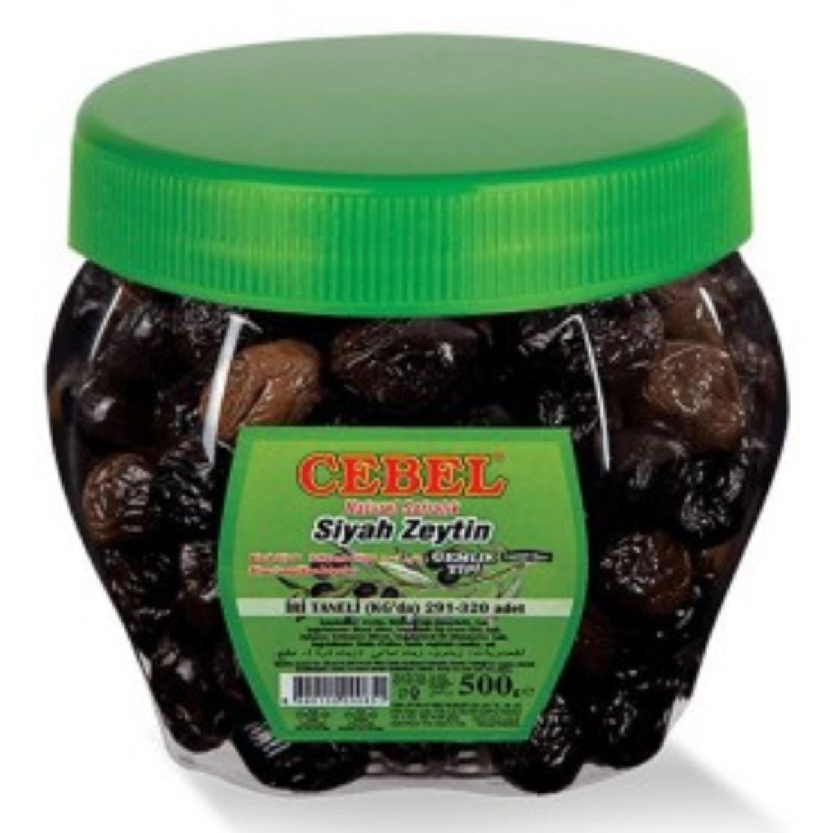 A jar of Cebel - Black Olives Coarse Grain - 500g in a green jar.