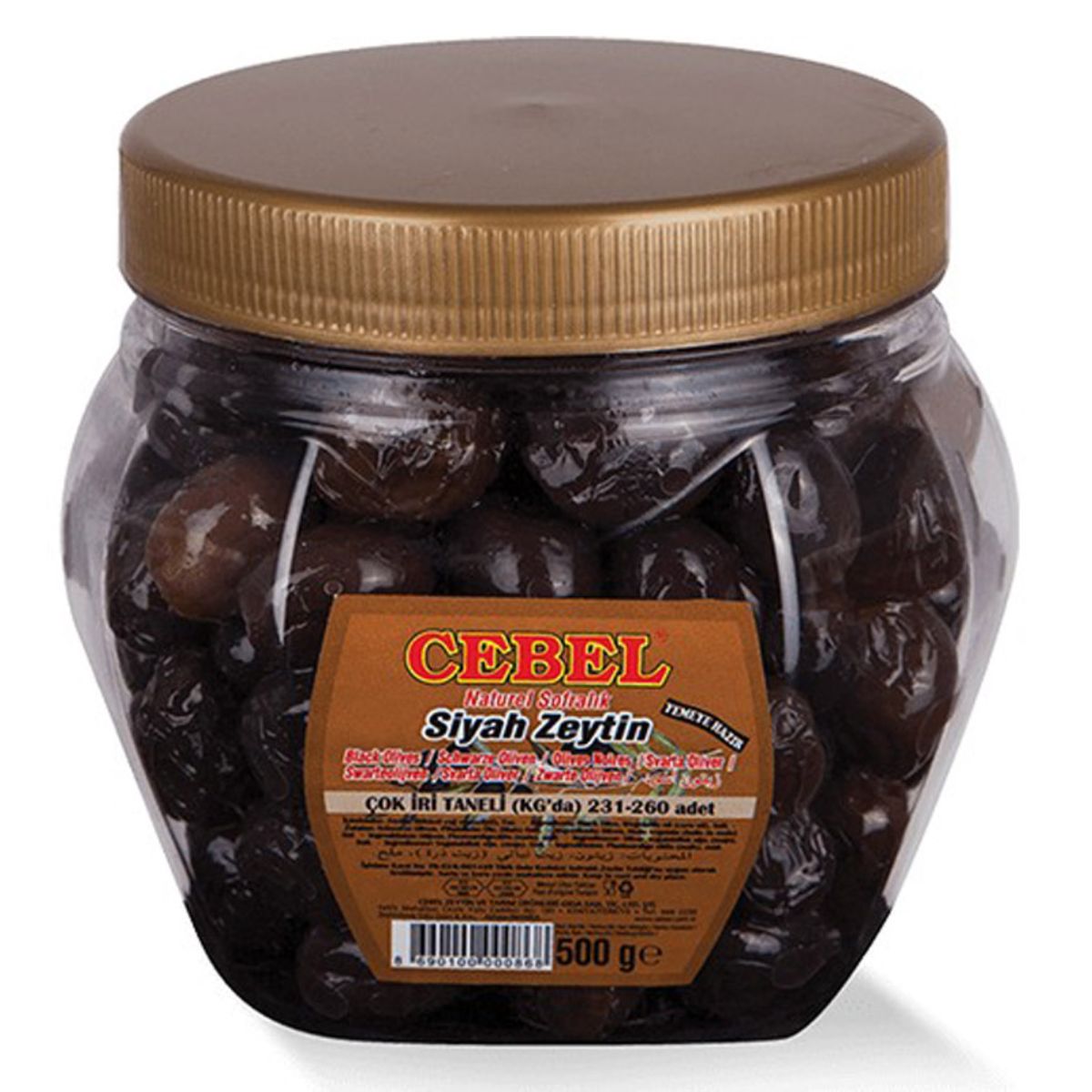 A jar of Cebel - Black Olives Very Coarse Grains - 500g on a white background.
