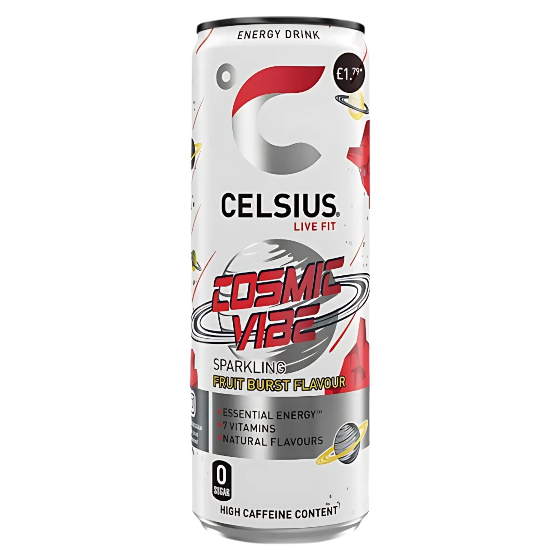 A 355ml can of Celsius - Cosmic Vibe Sparkling Fruit Burst Flavour, a sugar-free energy drink with high caffeine, essential energy, and natural flavours. A 355ml can of Celsius - Cosmic Vibe Sparkling Fruit Burst Flavour, a sugar-free energy drink with high caffeine, essential energy, and natural flavours.