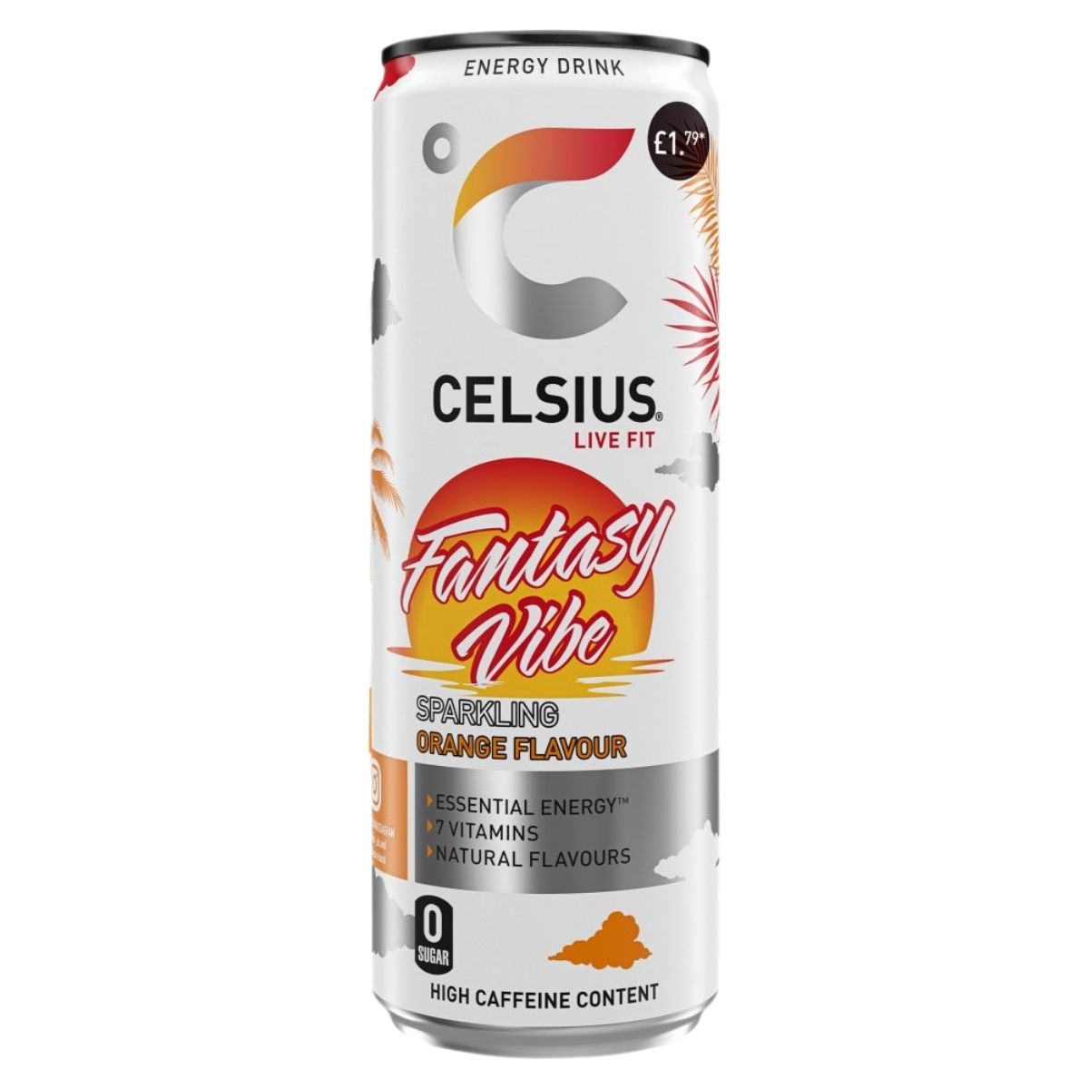 A 355ml can of Celsius Fantasy Vibe Sparkling Orange Flavour sugar-free energy drink, with product details, nutritional info, and price on the Celsius label. A 355ml can of Celsius Fantasy Vibe Sparkling Orange Flavour sugar-free energy drink, with product details, nutritional info, and price on the Celsius label.
