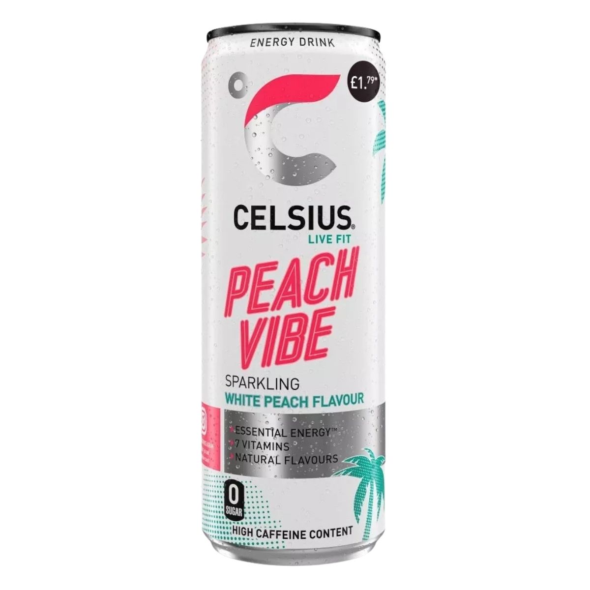 Celsius Peach Vibe Sparkling White Peach Flavour (355ml) is a sugar-free energy drink with high caffeine, offering essential energy in a white can with pink and teal accents. Celsius Peach Vibe Sparkling White Peach Flavour (355ml) is a sugar-free energy drink with high caffeine, offering essential energy in a white can with pink and teal accents.