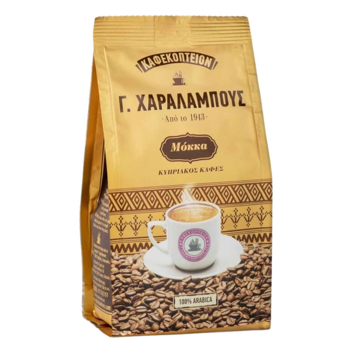 A bag of Charalambous - Gold Mocca Blend Cyprus Traditional Ground Coffee - 200g with a label on it. A bag of Charalambous - Gold Mocca Blend Cyprus Traditional Ground Coffee - 200g with a label on it.
