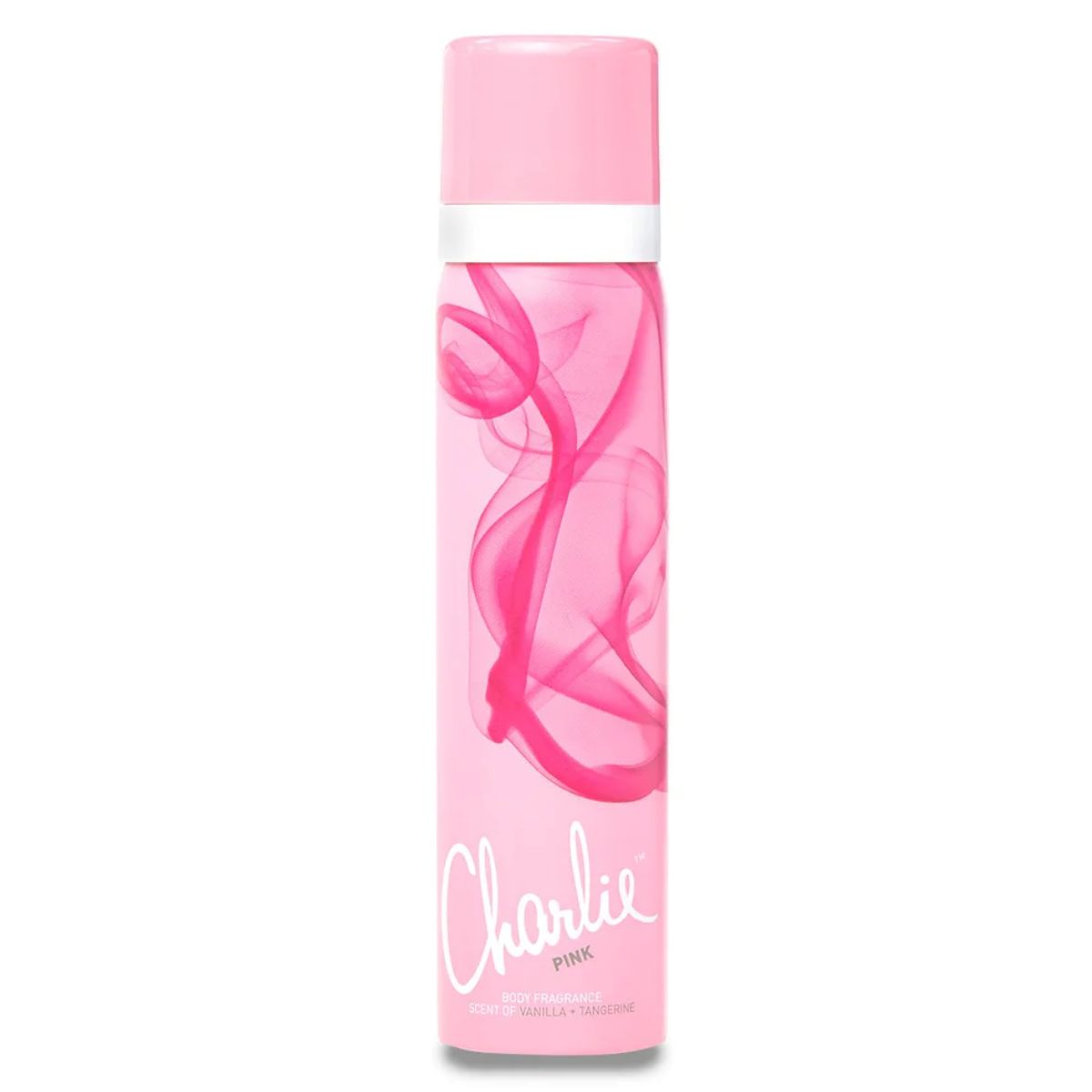 A Charlie - Body Spray Pink - 75ml bottle with pink smoke on it.