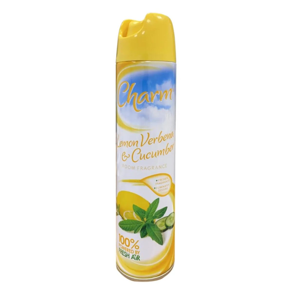 A bottle of Charm - Air Freshener Spray Lemon Verbena & Cucumber - 240ml on a white background.