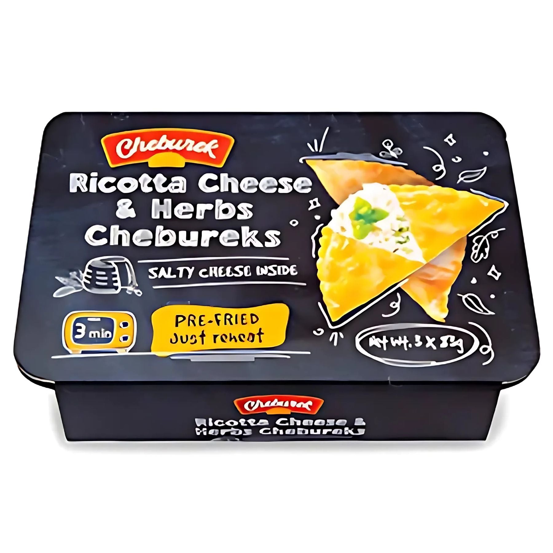 Rectangular package of Cheburek - Ricotta Cheese & Herbs Chebureks features a product image, preparation instructions, and the weight of 249g printed on the box. Rectangular package of Cheburek - Ricotta Cheese & Herbs Chebureks features a product image, preparation instructions, and the weight of 249g printed on the box.