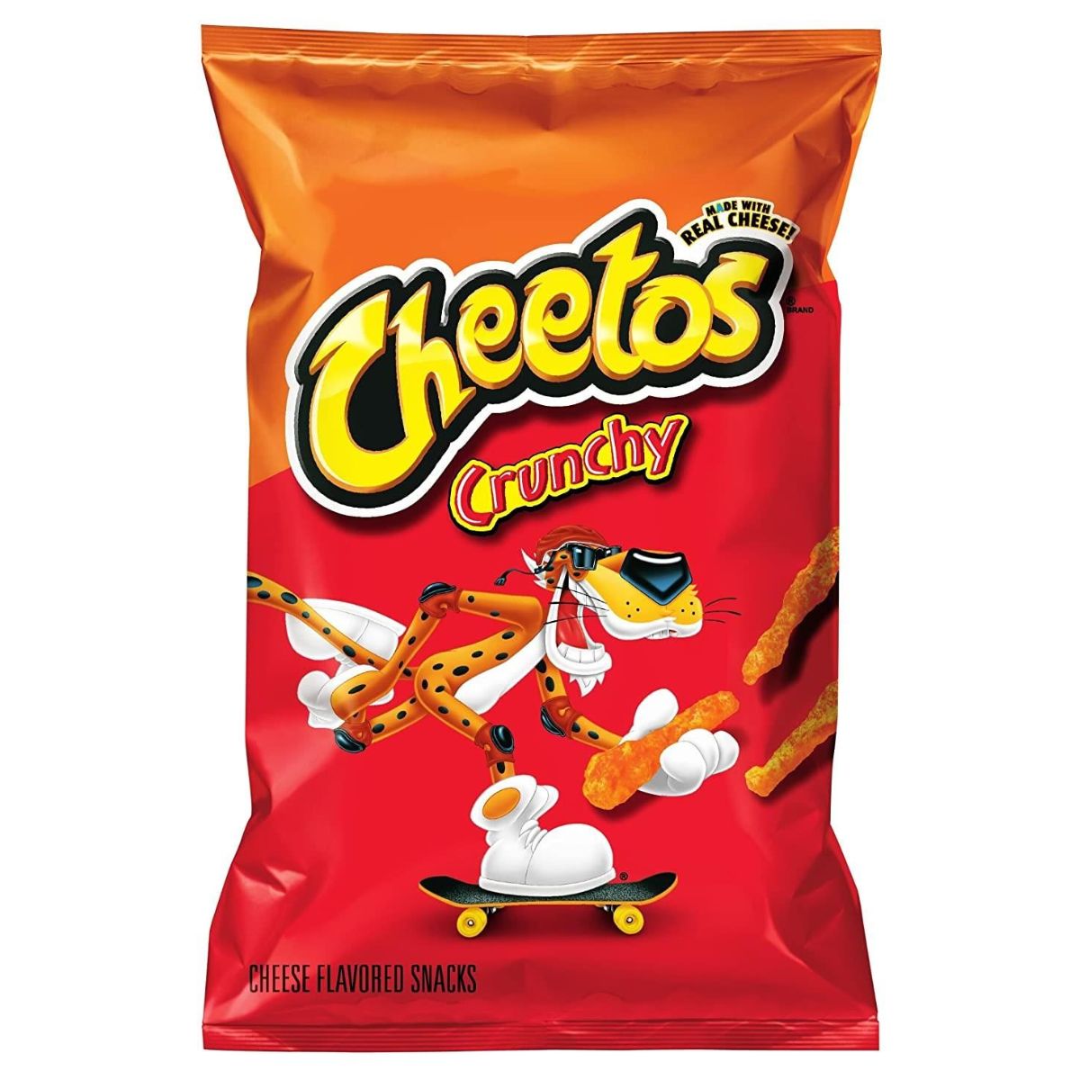 Cheetos Crunchy 226.8g snack bag with a skateboard on it.