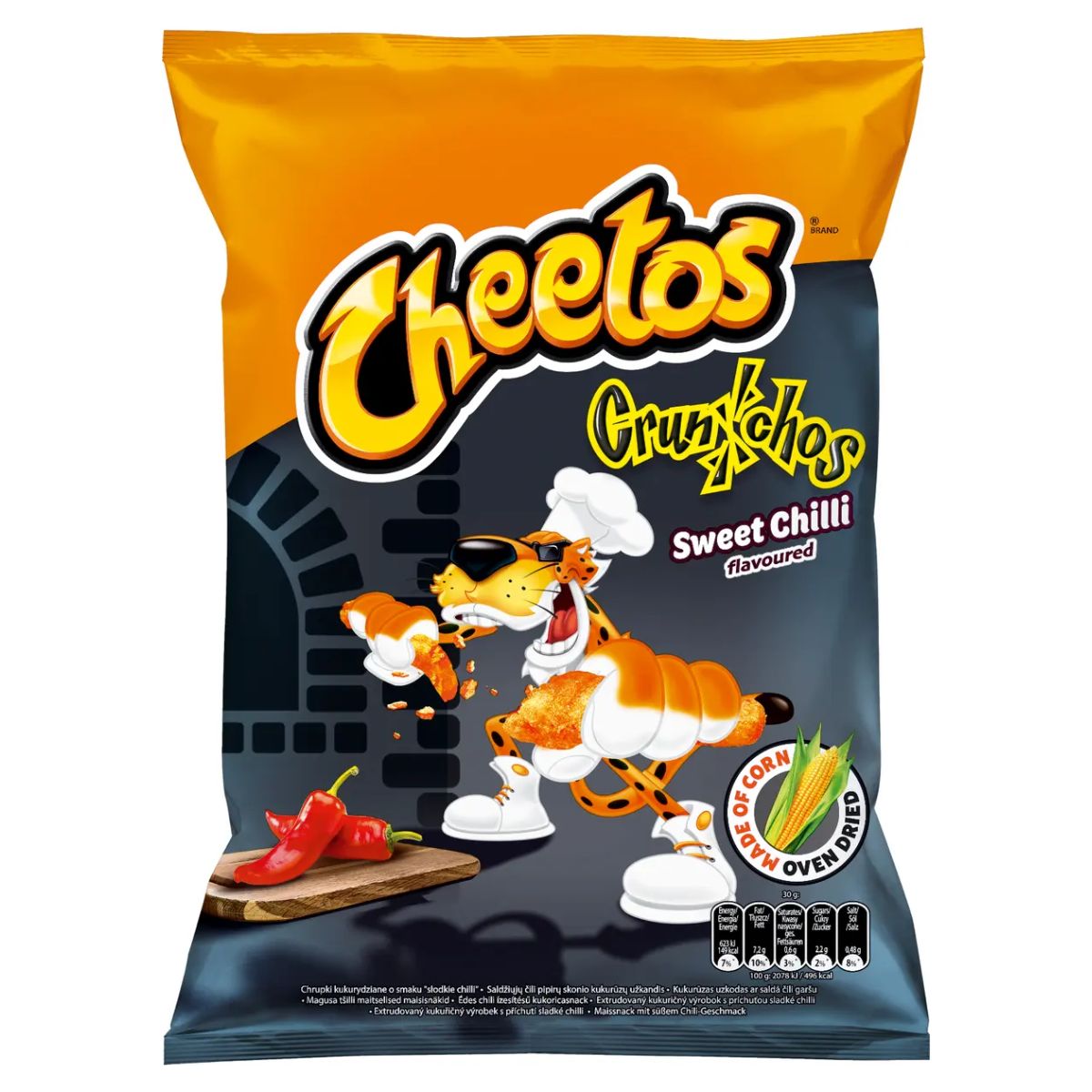 A bag of Cheetos Sweet Chilli Crunchos Chips showcasing an illustration of a cheetah eating spicy chips, accompanied by images of red chili peppers. A bag of Cheetos Sweet Chilli Crunchos Chips showcasing an illustration of a cheetah eating spicy chips, accompanied by images of red chili peppers.