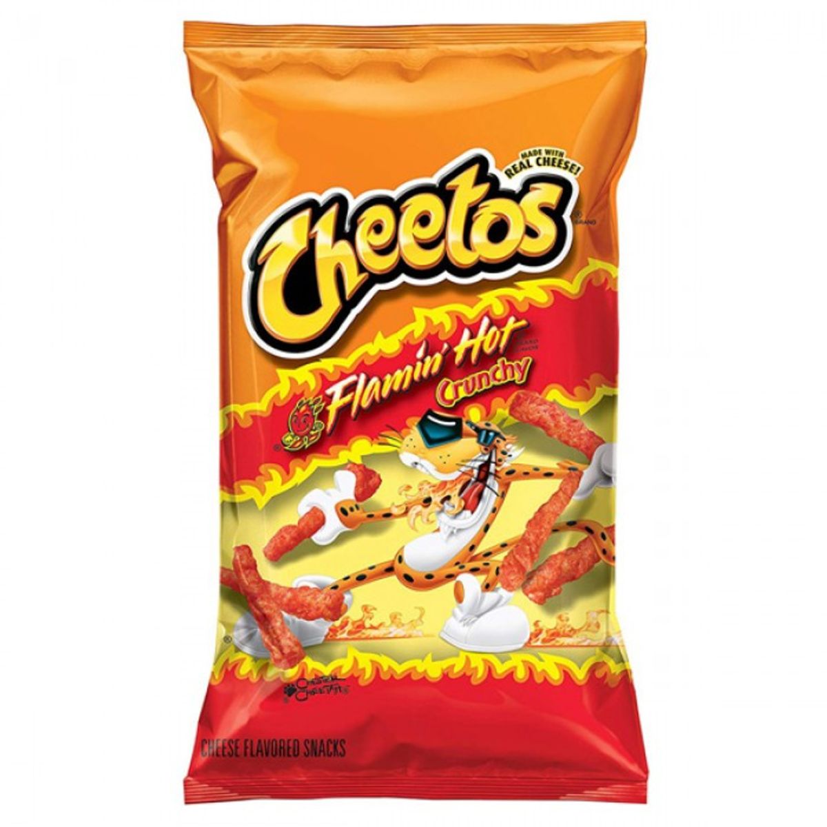 A 226.8g bag of Cheetos Flamin Hot Crunchy Crisps featuring images of the spicy snack, signature red-orange seasoning, and the Cheetos cheetah mascot on the packaging. A 226.8g bag of Cheetos Flamin Hot Crunchy Crisps featuring images of the spicy snack, signature red-orange seasoning, and the Cheetos cheetah mascot on the packaging.