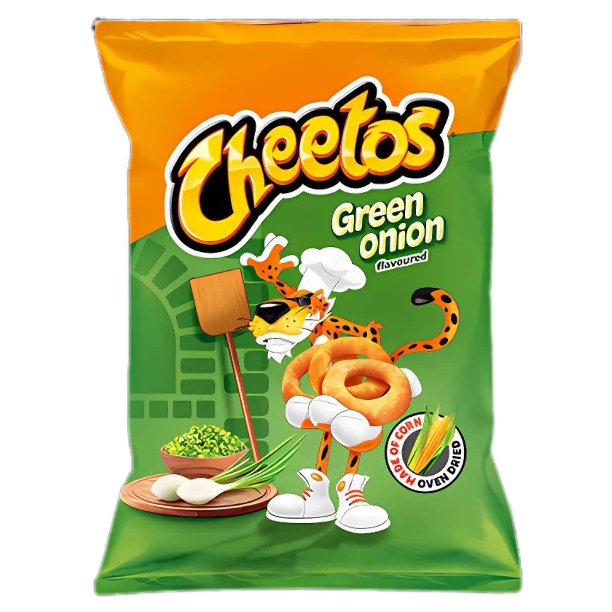 Cheetos - Green Onion Crisps - 130g features the iconic mascot with onion rings on vibrant packaging—deliciously crispy corn snacks, perfect for any occasion. Cheetos - Green Onion Crisps - 130g features the iconic mascot with onion rings on vibrant packaging—deliciously crispy corn snacks, perfect for any occasion.
