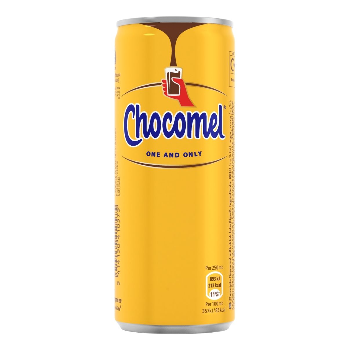 A 250ml can of Chocomel Chocolate Milk Drink with blue and white branding, featuring nutritional information and offering a creamy taste in every sip. A 250ml can of Chocomel Chocolate Milk Drink with blue and white branding, featuring nutritional information and offering a creamy taste in every sip.