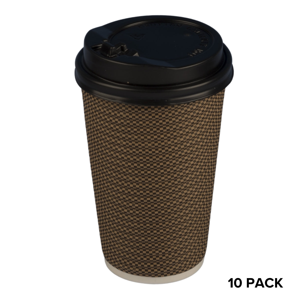 Choice Dining - 12oz Insulated Paper Coffee Cups with Lids - 10 Pack with a textured brown sleeve and black lid, labeled as a 10-pack. Choice Dining - 12oz Insulated Paper Coffee Cups with Lids - 10 Pack with a textured brown sleeve and black lid, labeled as a 10-pack.