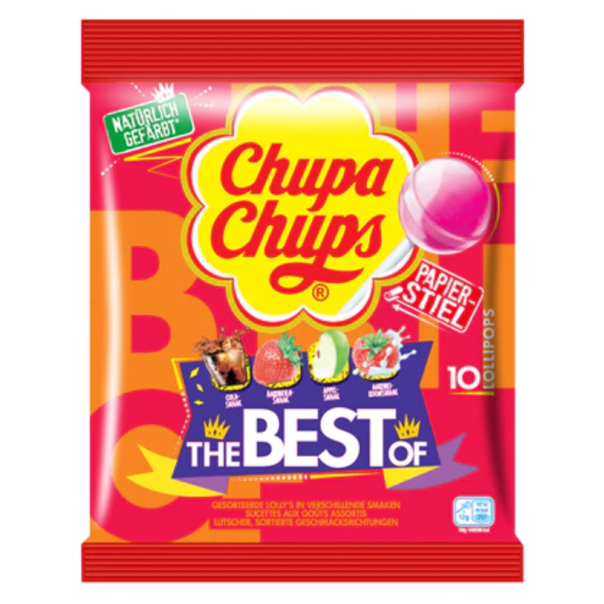 A close up of a Chupa Chups - Best Of Lollipops - 120g.