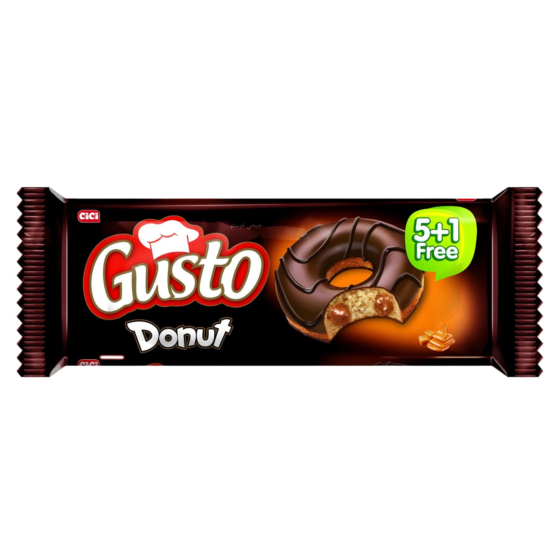The Cici Gusto Donut With Cocoa Sauce Filling (300g) is shown in its wrapper with a chocolate coating, “5+1 Free” label, caramel pieces beside the donut, and highlights its rich cocoa sauce filling. The Cici Gusto Donut With Cocoa Sauce Filling (300g) is shown in its wrapper with a chocolate coating, “5+1 Free” label, caramel pieces beside the donut, and highlights its rich cocoa sauce filling.