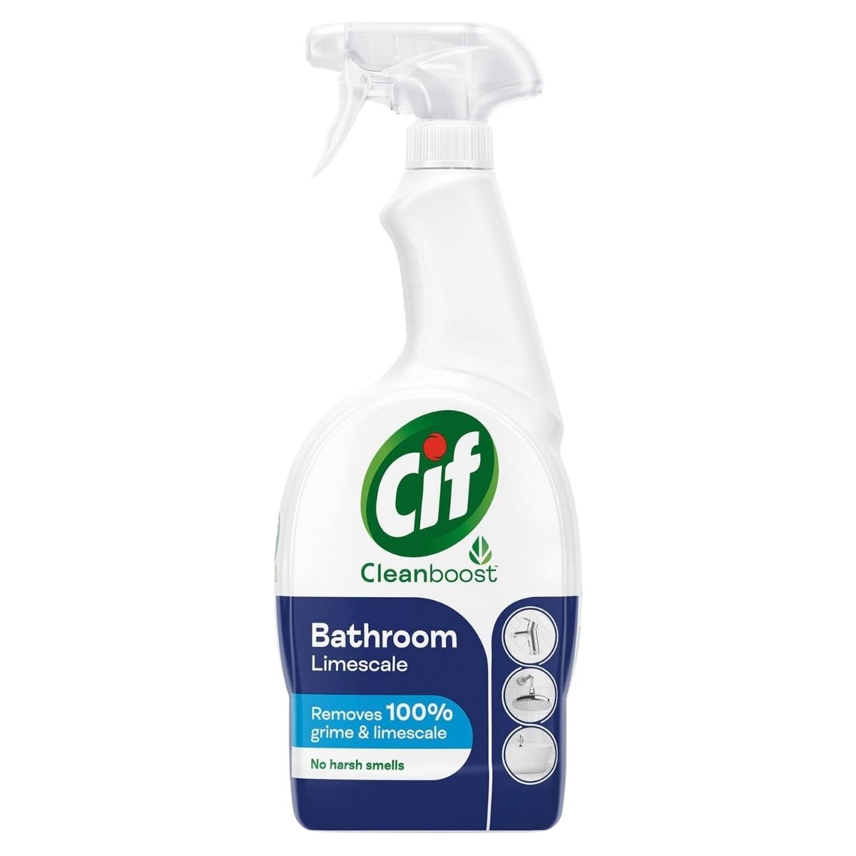 A 700ml spray bottle of Cif Power & Shine Bathroom Spray with a blue label, delivering 100% limescale and grime removal, all without harsh smells. A 700ml spray bottle of Cif Power & Shine Bathroom Spray with a blue label, delivering 100% limescale and grime removal, all without harsh smells.